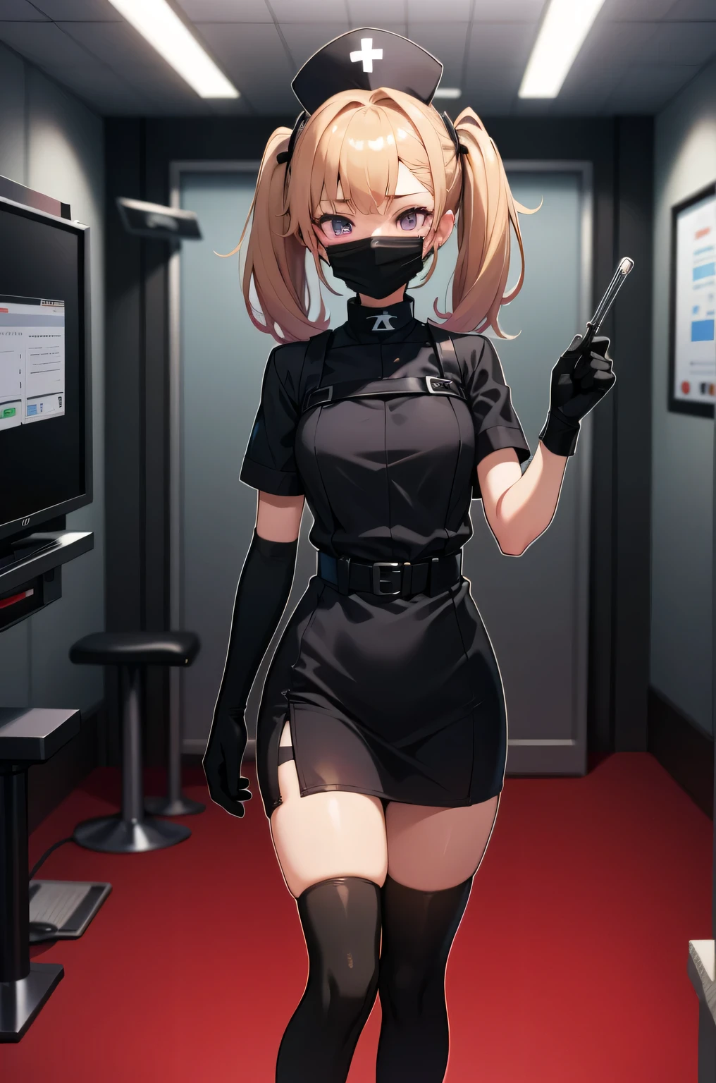 black nurse, 1 girl, alone, black nurse cap, Black Wear, ((black legwear, zettai ryouiki)), black elbow gloves, twin tails, yellow hair, purple eyes, ((Black surgical mask, Covered nose)), Are standing, ((operating room)), sharp outline, short sleeve, highest quality, masterpiece