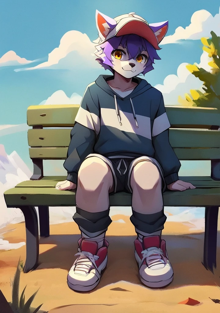 hairy,hairy,Bright purple fur,Bright purple fur,Bright purple fur,Bright purple fur,Bright purple hair,male,canine,Lovely,Lovely,Lovely,the only person,sharp clawine fur,golden eyes,粗眉毛hairy的尾巴,White short sleeves,white shorts,Super detailed:1.0,boy,teenager,teenager,teenager,teenager,Beasts too,Beasts too,Beasts too,Lovely,Lovely,Chautya Dagashi:1.1),anatomically correct,barefoot,Red Claw,paw paw paw,Wearing a baseball cap,Wearing a baseball cap,Wearing a baseball cap,Wearing a baseball cap,Wear a trendy sweatshirt,Wear a trendy sweatshirt,Wear a trendy sweatshirt,Wear a trendy sweatshirt,tall,tall,tall,tall,animal paw,亮White paws,White paws,White paws,White paws,sit on a bench,sit on a bench,sit on a bench,sit on a bench,sit on a bench,Wearing sneakers and white socks,Wearing sneakers and white socks,Wearing sneakers and white socks,Drinking milk tea,Drinking milk tea,Drinking milk tea,Drinking milk tea。