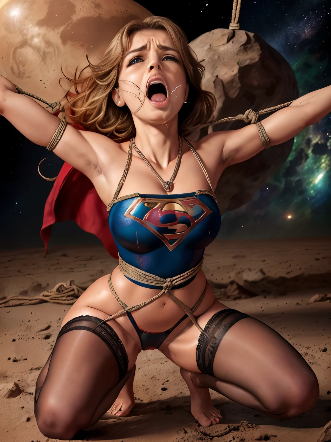 (((Full body view))), (((ELA TEM CABELOS LOIROS))), ((SUPERGIRL is on an asteroid in outer space, Emotional expression,expression of pain e desespero, gritando de dor, Expression of suffering, olhos arregalados)) , ((SUPERHEROINE SUPERGIRL doing half squats, pernas abertas)), (Supergirl usando uma grande calcinha vermelha). ((SUPERGIRL tem cabelo muito loiro, ela tem cabelo longo)), ((SUPERGIRL wearing fishinet pantyhose)), ( she is barefoot), ((SUPERGIRL wearing a thick metal necklace around her neck )), (Your clothes are immoral, your clothes are indecent, your clothes are tight), ((Shibari, arms behind the back:1.4)), ((hands on back)), ((string constraint)), ((Inescapable restraint with ropes)), (obra-prima, melhor qualidade) 1.5, 1 garota, sozinho, (sexy, mulher bonita, rosto perfeito, olhos perfeitos) corpo inteiro, ((High definition face)), ((SUPERGIRL com olhos arregalados, boca aberta, expression of fear, expression of pain, despair expression, chorando muito, gritando de dor), (((full body view)))