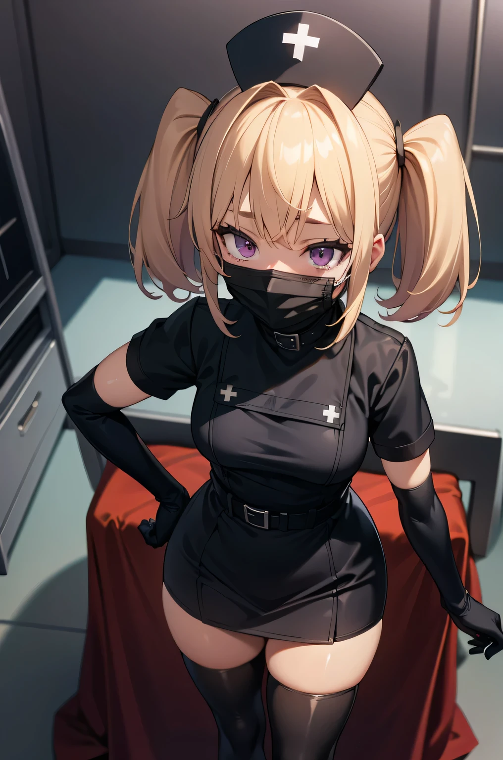 black nurse, 1 girl, alone, black nurse cap, Black Wear, ((black legwear, zettai ryouiki)), black elbow gloves, twin tails, yellow hair, purple eyes, ((Black surgical mask, Covered nose)), Are standing, ((operating room)), sharp outline, short sleeve, highest quality, masterpiece