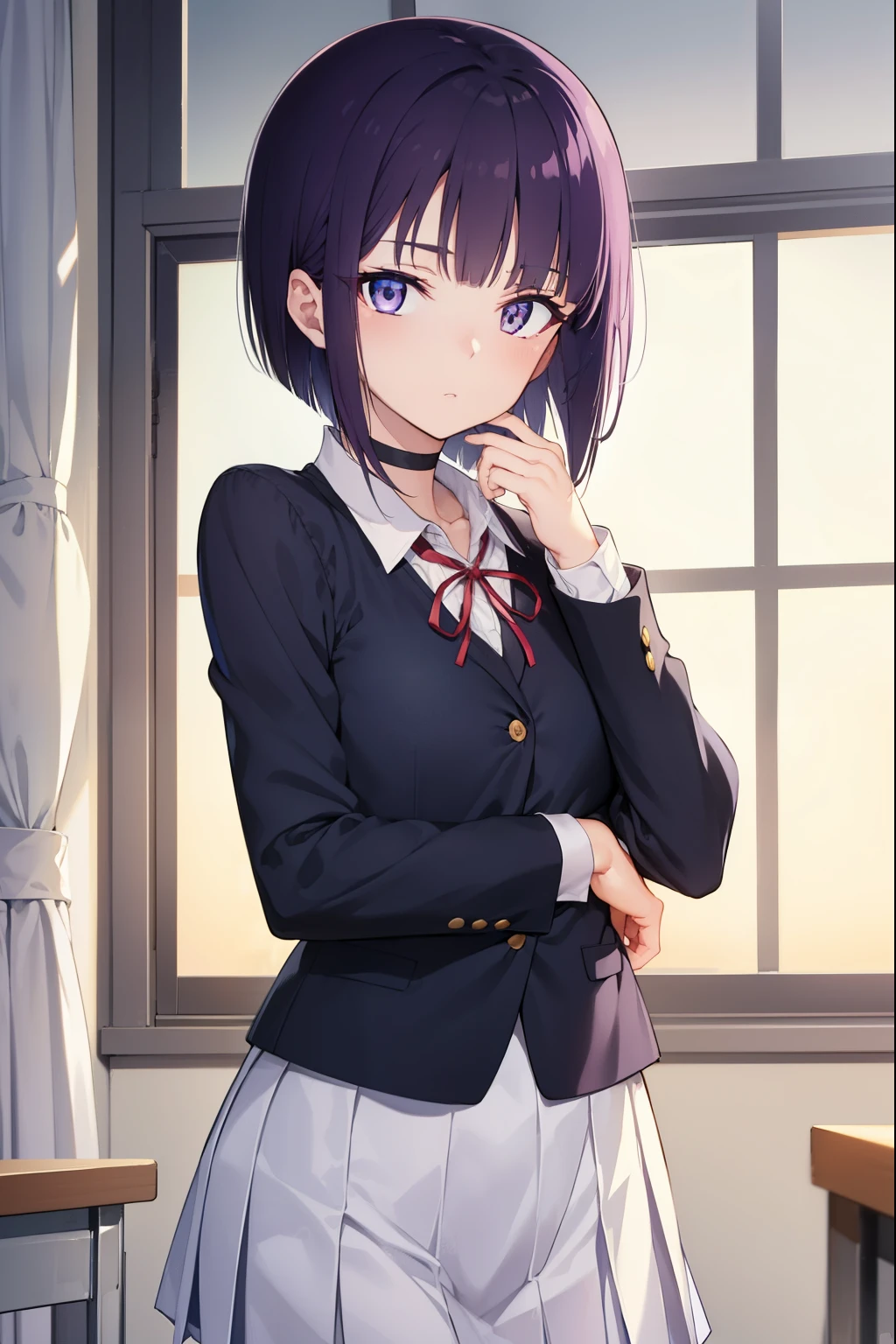 miyabisenpai, miyabi senpai, short hair, bangs, purple hair, (purple eyes:1.1),
BREAK skirt, shirt, long sleeves, ribbon, school uniform, pleated skirt, choker, collared shirt, neck ribbon, black choker,
BREAK indoors, classroom,
BREAK looking at viewer, (cowboy shot:1.5),
BREAK (masterpiece:1.2), best quality, high resolution, unity 8k wallpaper, (illustration:0.8), (beautiful detailed eyes:1.6), extremely detailed face, perfect lighting, extremely detailed CG, (perfect hands, perfect anatomy),