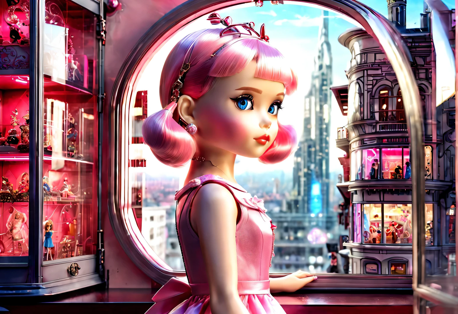 （A little girl  looking at the window），(Barbie doll toy store in cyberpunk style glass display cabinet on street corner of futuristic city),Fish eye effect,蒸汽赛博朋克style，European classic red、pink、蓝色和金ackground为background，Extraordinarily beautiful and clear face，big eyes，small music box toy，jewelry toys，Vintage engraved shelf with many toys pattern，Showcasing various Barbie Princess collections，Each doll  dressed in gorgeous and exquisite clothes，配上精美的珠宝和shoe，barbie accessories，Various clothing、shoe、Jewelry etc.，(background：全息的A little girl  looking at the window），With 3D rendering、style、photography，