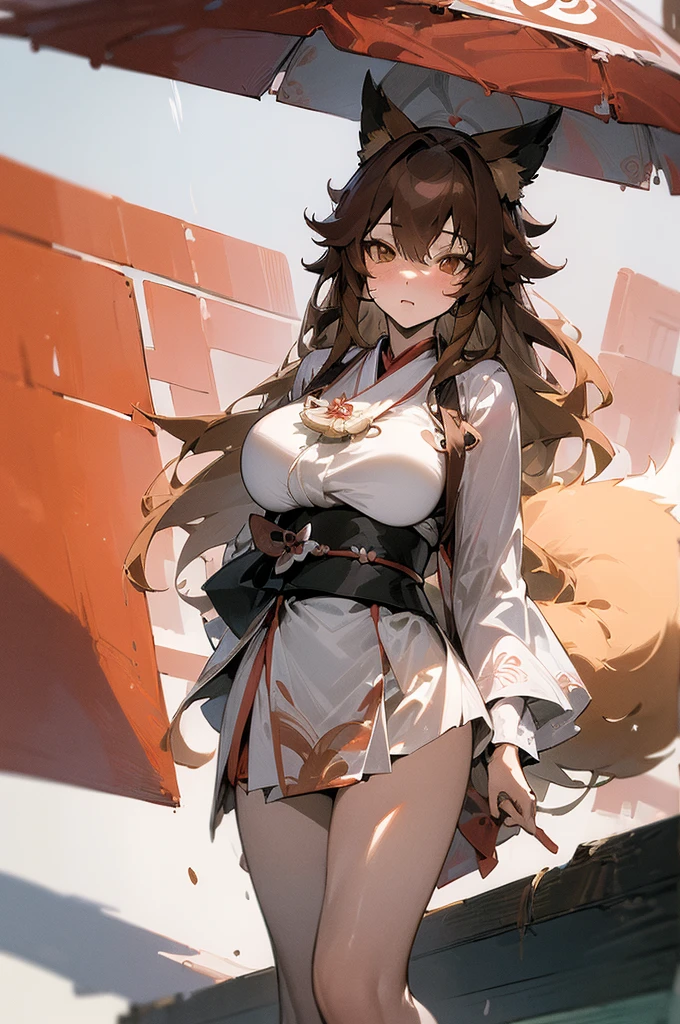 a beauty girl，Mature face，a matural female，Fluffy tail hair，Ultra-loose underwear，clothes slipping off，Anterior convex and posterior，Straight chest，Ruddy complexion，Huge fox tail，nabel，(huge tit)，adventurer，tit，areola of breast，pantiess，Stockings，Human Services Group，((illustrated))