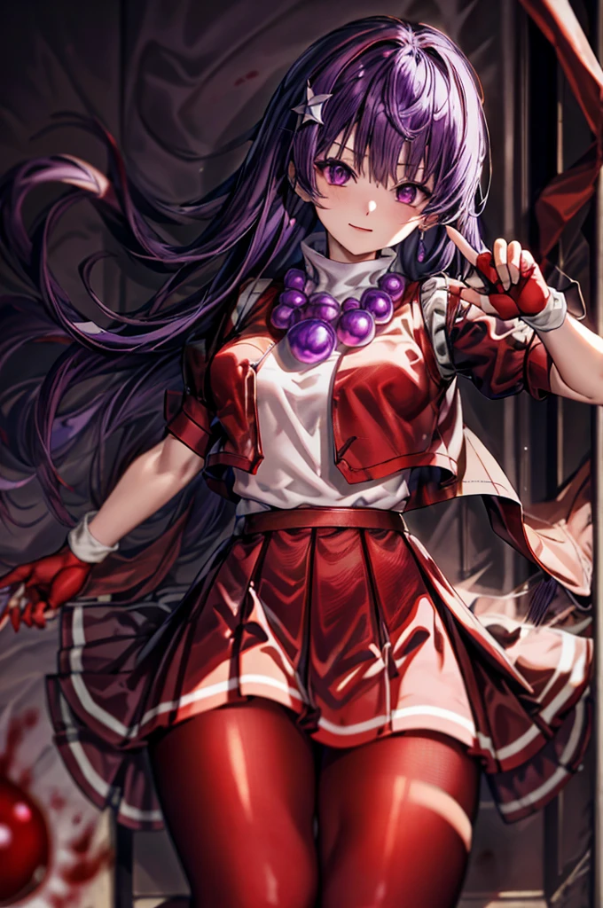 (masterpiece)、(highest quality)、(super detailed)、intricate details、athena 97、(1 girl)、solo、purple eyes、purple hair、hair length、white earrings、red hair band、star hair ornament、Medium breathing、red vest、white turtleneck、White Puff Sleeves、short sleeve、red pleated skirt、(Crimson pantyhose:1.2)、black pantyhose、yellow belt、purple spherical necklace、red fingerless gloves、white short socks、red shoes、evil smile、NSFW、cowboy shot rally background、anime style、(Blood on the face:1.4)、(combat readiness:1.6)、hypnorolla、
empty eyes