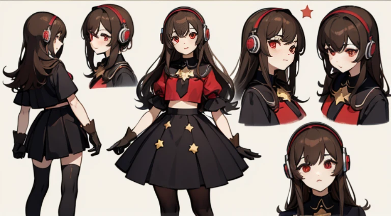 ((masterpiece, top quality)), Detailed face, Character Sheet, whole body, Full of details, several poses and expressions, very detailed, Depth, Many parts, 1 girl, girl in a skirt and headphones, :3, idol, Magic Girl, long hair, Bang, Brown hair, black crop top, Red dress, gloves, stockings, black necklace, Red eyes, star (symbol), symbol-shaped pupils,
