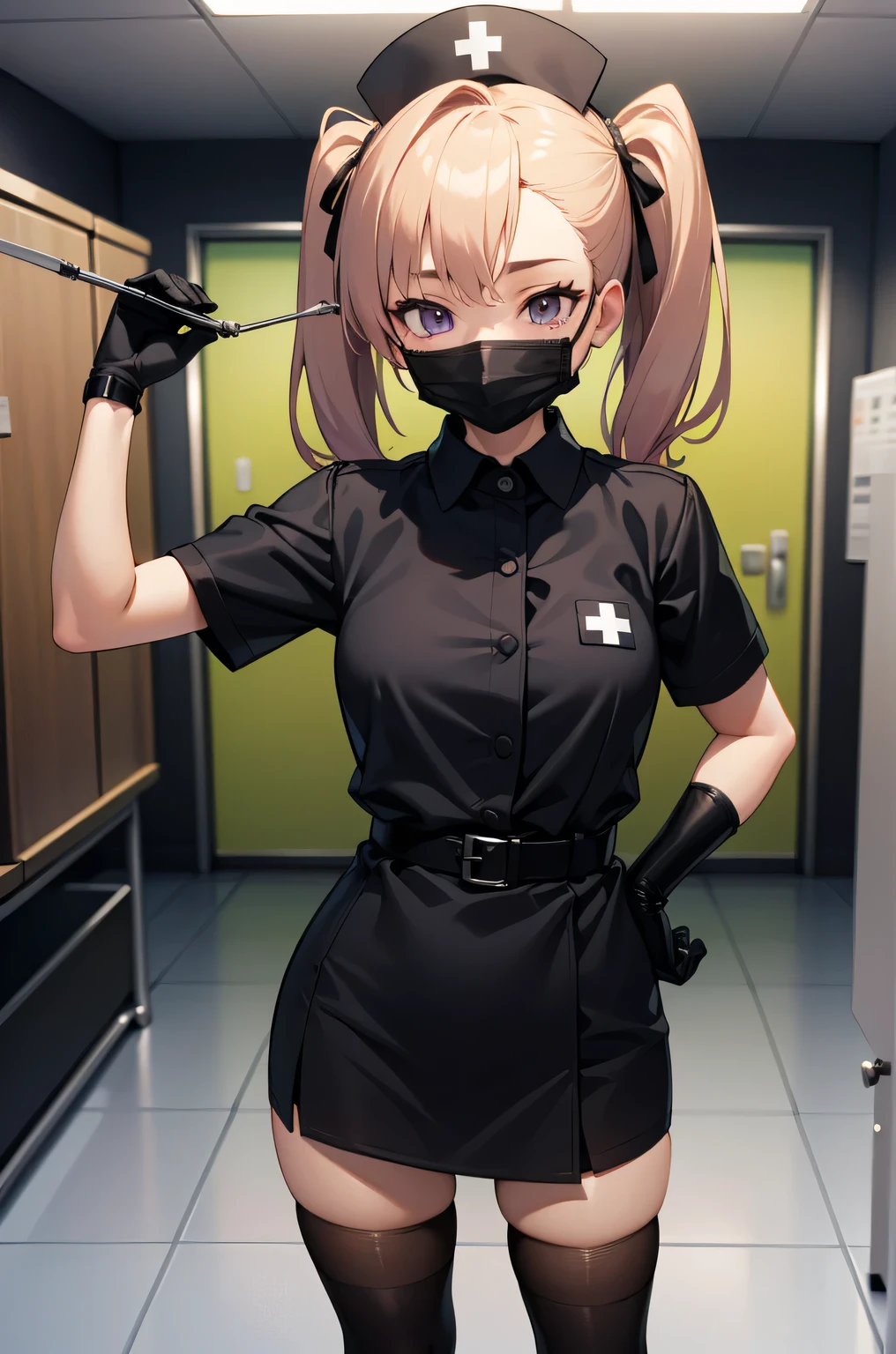 black nurse, 1 girl, alone, black nurse cap, Black Wear, ((black legwear, zettai ryouiki)), black elbow gloves, twin tails, yellow hair, purple eyes, ((Black surgical mask, Covered nose)), Are standing, ((operating room)), sharp outline, short sleeve, highest quality, masterpiece