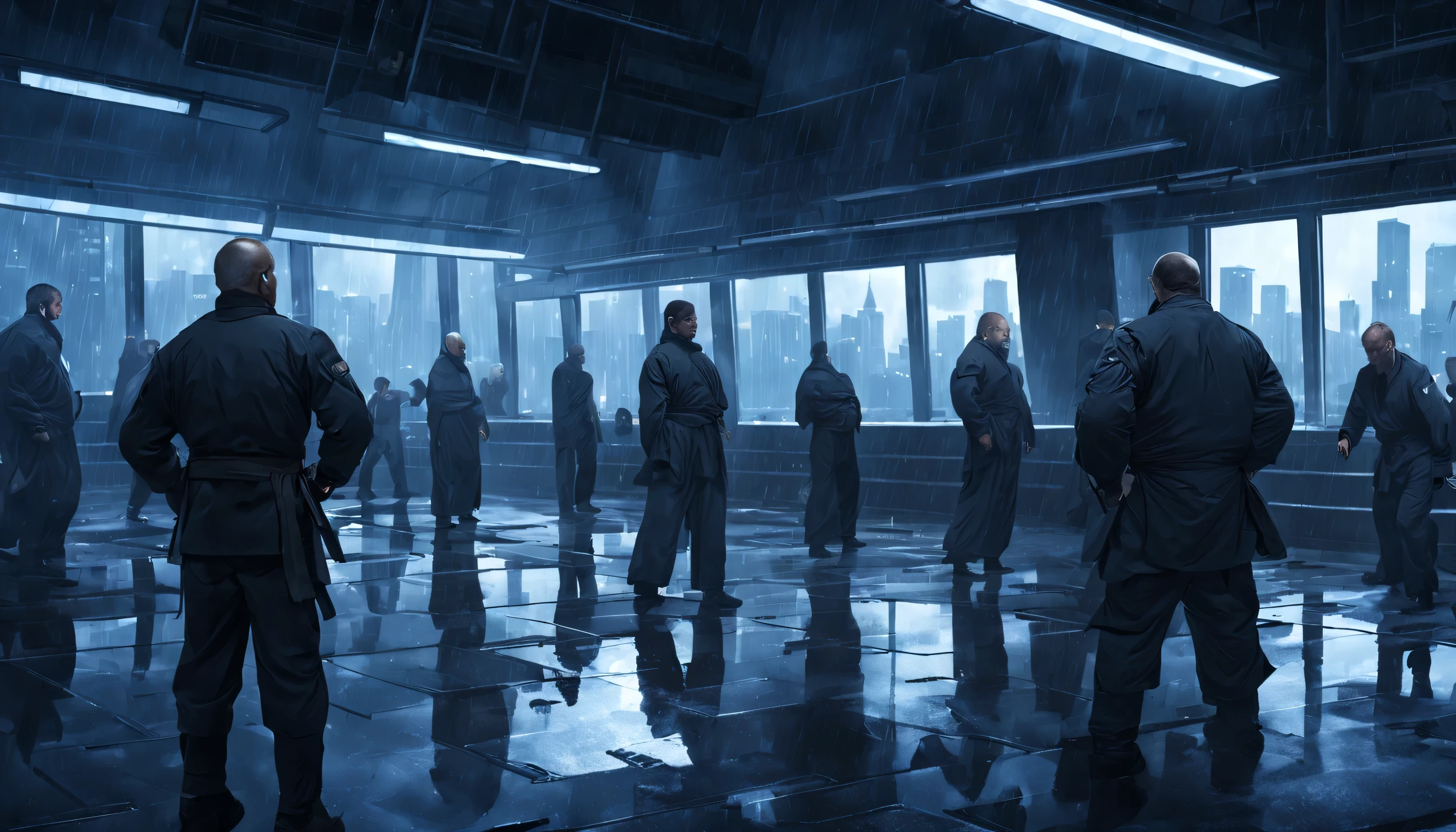 many big men are training in a martial arts open area, behind the windows is a very dark abandoned futuristic city, rainy night