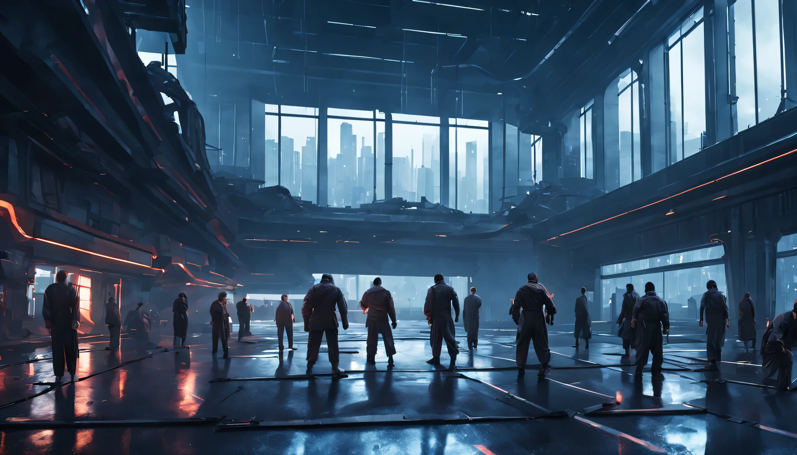 many big men are training in a martial arts open area, behind the windows is a very dark abandoned futuristic city, rainy night
