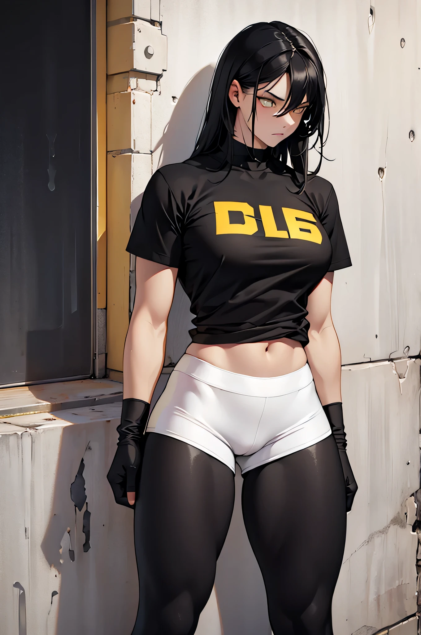 1girl muscular pale skin black hair yellow eyes black against wall sad sad sad sad tight shirt leggings thick thick thick thick muscular muscular muscular muscular muscular girl dark dark, meias calça marrom, coxas sexy, belos olhos