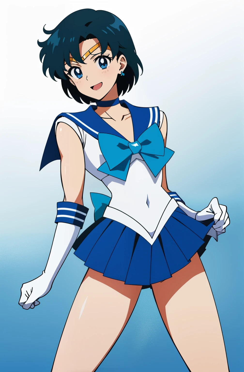 Top Quality Anime Art、masterpiece、high definition anime art、アニメstyle4K、High resolution、anime boy、Junior high school boys、blue choker、solo、Sailor Senshi Uniform、Very short blue-haired boy、Blue-eyed boy、white gloves、elbow bag、blue sailor collar、Sky blue bow tie、Magical Boy、Strong muscles、jewelry、smile、mouth open、back_bow、Golden Circlet、Muscular and strong、white leotard、high leg leotard、white dress、blue_bow、sky blue_bow、white_bow、earrings、skirt、brooch、collarbone、blue skirt、mini skirt、pleated skirt、blue background、white background、公式アートstyle、muscular man、Bare shoulders、bare legs、(1990s\(style\):0.9)、
