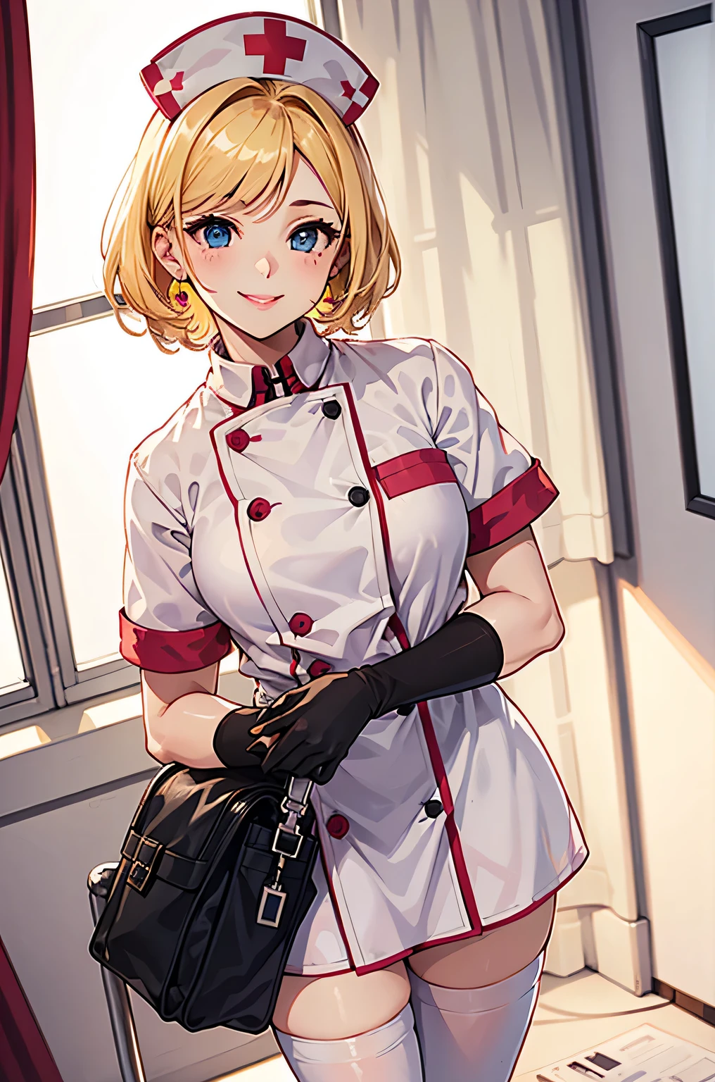 1 female, alone, nurse, nurse cap, Whiteware, ((white legwear, zettai ryouiki)), white gloves, blonde hair, blue eyes, pink lips, smile, Are standing, ((hospital room)), sharp outline, short sleeve, mature woman, 35 years old, highest quality, masterpiece