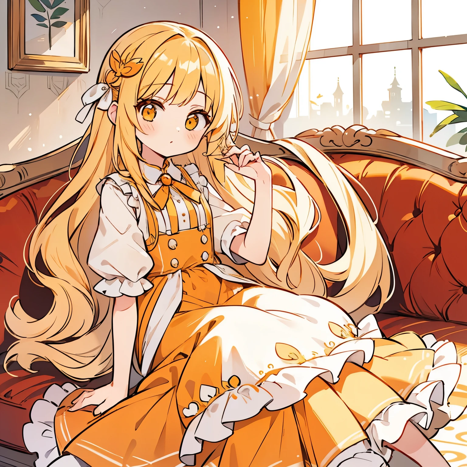 1 person、girl、long blonde hair、Ribbon hair ornament、sitting on the sofa、looking at the camera、dress、color palette(yellow、white、orange)、Princess