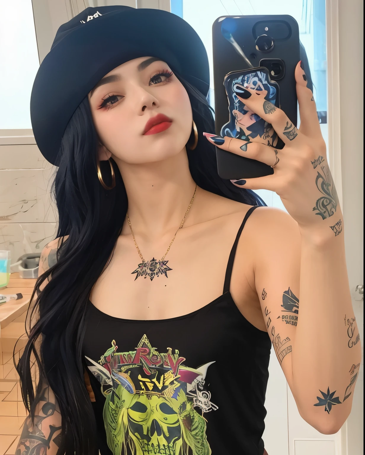 arafed woman with tattoos and a black top taking a selfie, she  wearing a black tank top, with tattoos, wearing a chocker and cute hat, soft devil queen madison beer, ava max, she looks like a mix of grimes, profile pic, goth girl aesthetic, inked, very very low quality picture, charli xcx, album art, profile image, joy red velvet