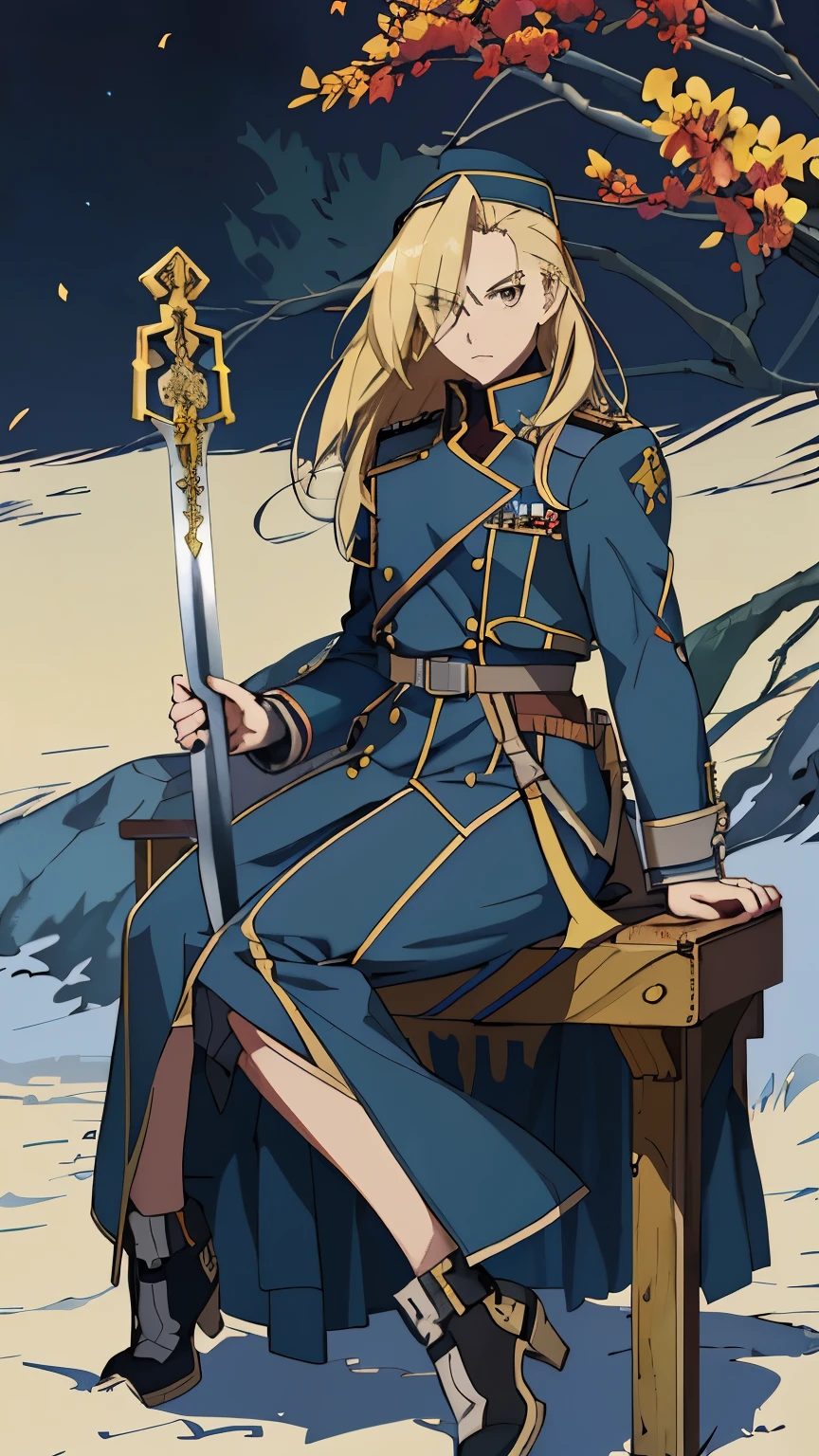 anime character sitting on a bench with a sword in her hand, cushart krenz key art feminine, cushart kenz, cushart krenz, cushart, official art, inspired by Li Chevalier, guilty gear art style, by Krenz Cushart, krenz cushart and artgerm, official character art，Olivier Mira Armstrong，long blonde hair，Fullmetal Alchemist，female major general，uniform，saber，Female tough guy，military coat，female soldier，金色长发female soldier，female soldier，Blonde devil，big sister，of