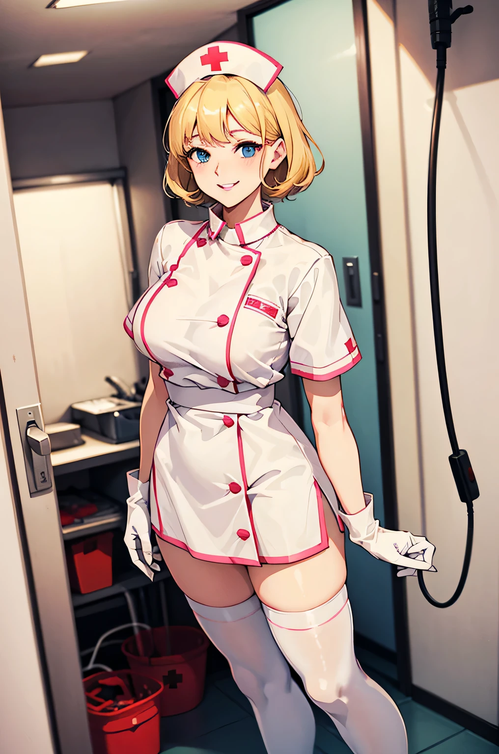 1womanl, Nurse, Nurse Cap, Whiteware, ((White legwear, zettai ryouiki)), White Gloves, Blonde hair, Blue eyes, pink lipsticks, Smile, Standing, ((Hospital room)), sharp outline, Short sleeves, a matural female, 25 year old, Best Quality, Masterpiece,  dead girl, blood, bloody