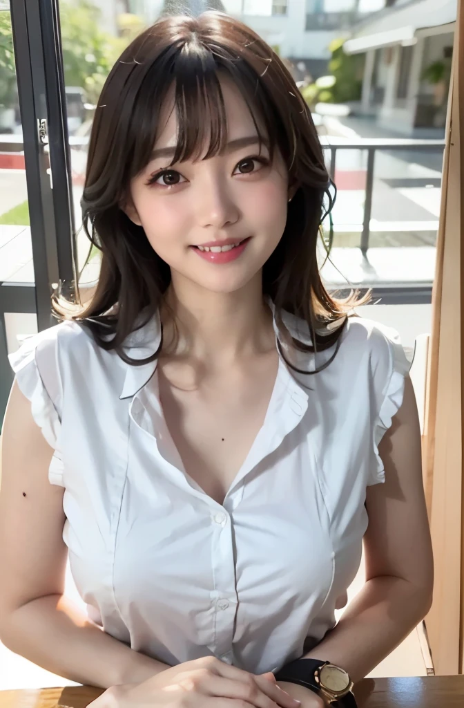 there a woman that smiling and posing for a picture, clothed in white shirt, friendly seductive smile, wearing white shirt, with a seductive smile, nishimiya shouko, wearing white camisole, japanese goddess, in white clothes, cute seductive smile, smooth white surroundings, seductive smile, busty, dressed in white, chiho ashima