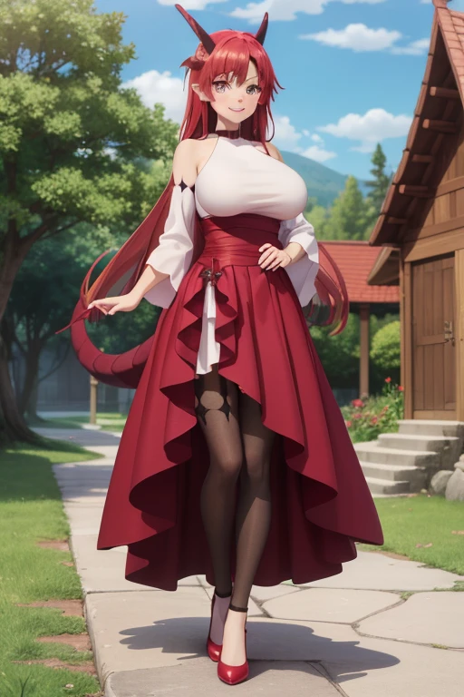 (masterpiece:1.3), (absurdres:1.3), (best quality:1.3), (ultra-detailed:1.3), full body, looking at viewer, smile, outdoors, tania-fi, big breast, dragon horns, dragon tail,  bare shoulders, white shirt, detached sleeves, choker, dress, red skirt, black legwear, shoes,