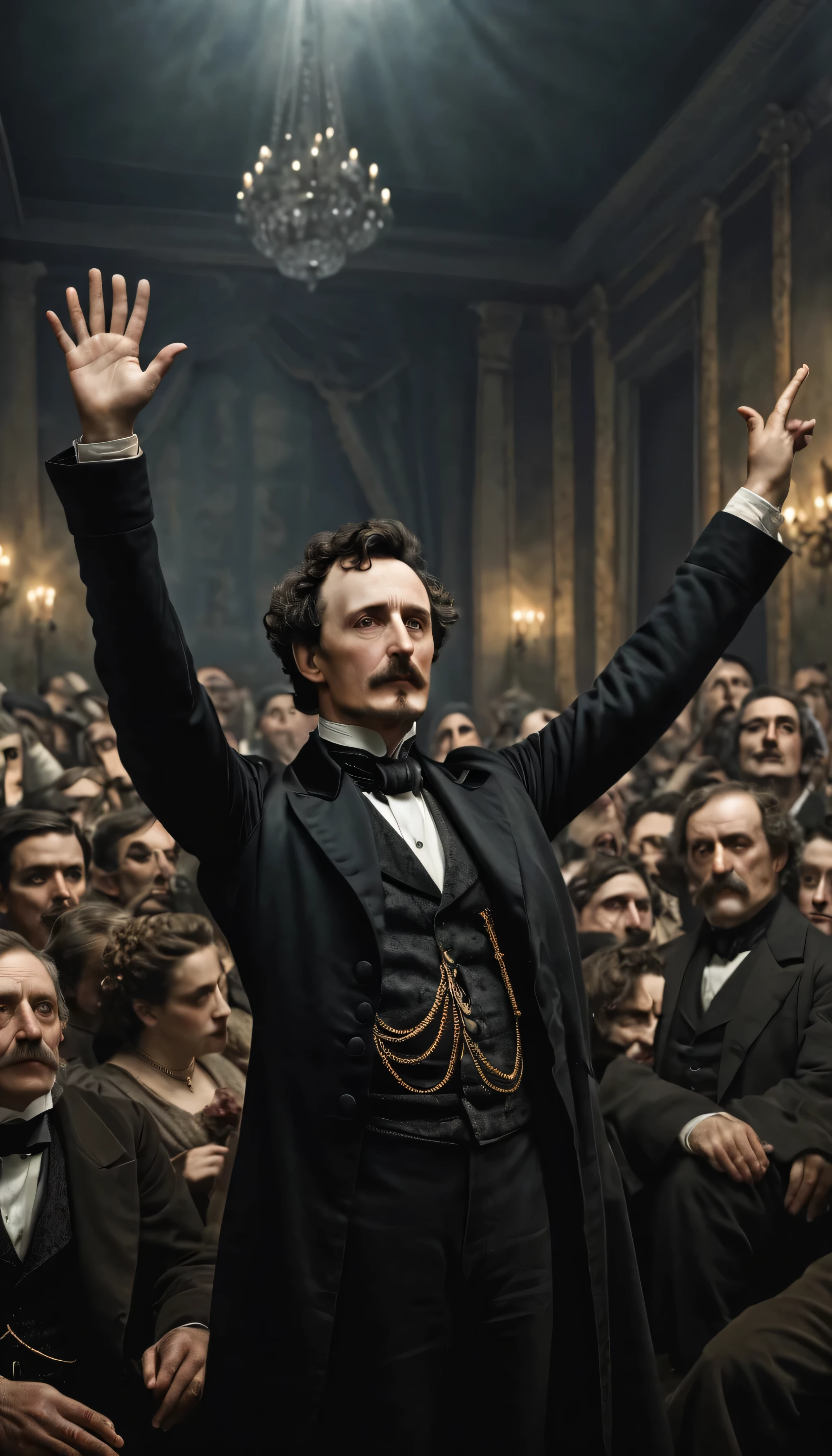 Central Figure: A central figure John Wilkes Booth talking both hands upwards dressed in elegant dark clothing from what appears to be a historical period stands out prominently against the crowd. The faces of all individuals, including the central figure, are obscured with grey squares, adding a sense of mystery to the image. Crowd: A large crowd surrounds the central figure. They are also dressed in attire that suggests a historical context, intensifying the atmosphere of the scene. Setting: The background features grand draped curtains and atmospheric lighting, creating an intense mood. This could suggest a theater or a grand hall. 8k