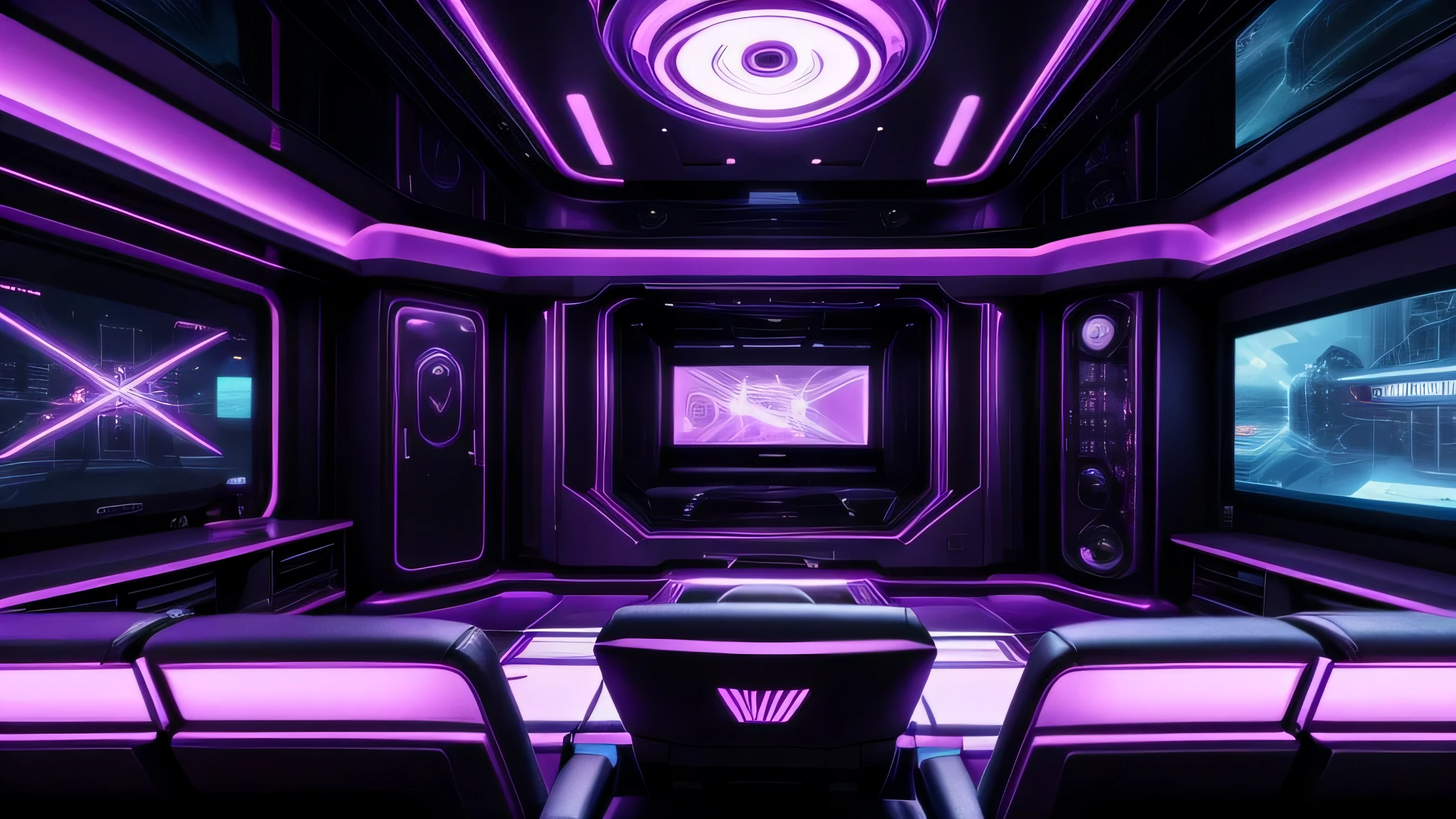 Dynamic angle, a view of a living room with a table, futuristic room, futuristic setting, gaming setup, futuristic decoration, futuristic looking living room, violet dystopian futurism, violet cyberpunk colors, futuristic but colorful shading, in style of beeple, beeple colors, futuristic aesthetic, futuristic art style, sci-fi aesthetics, inspired by Beeple