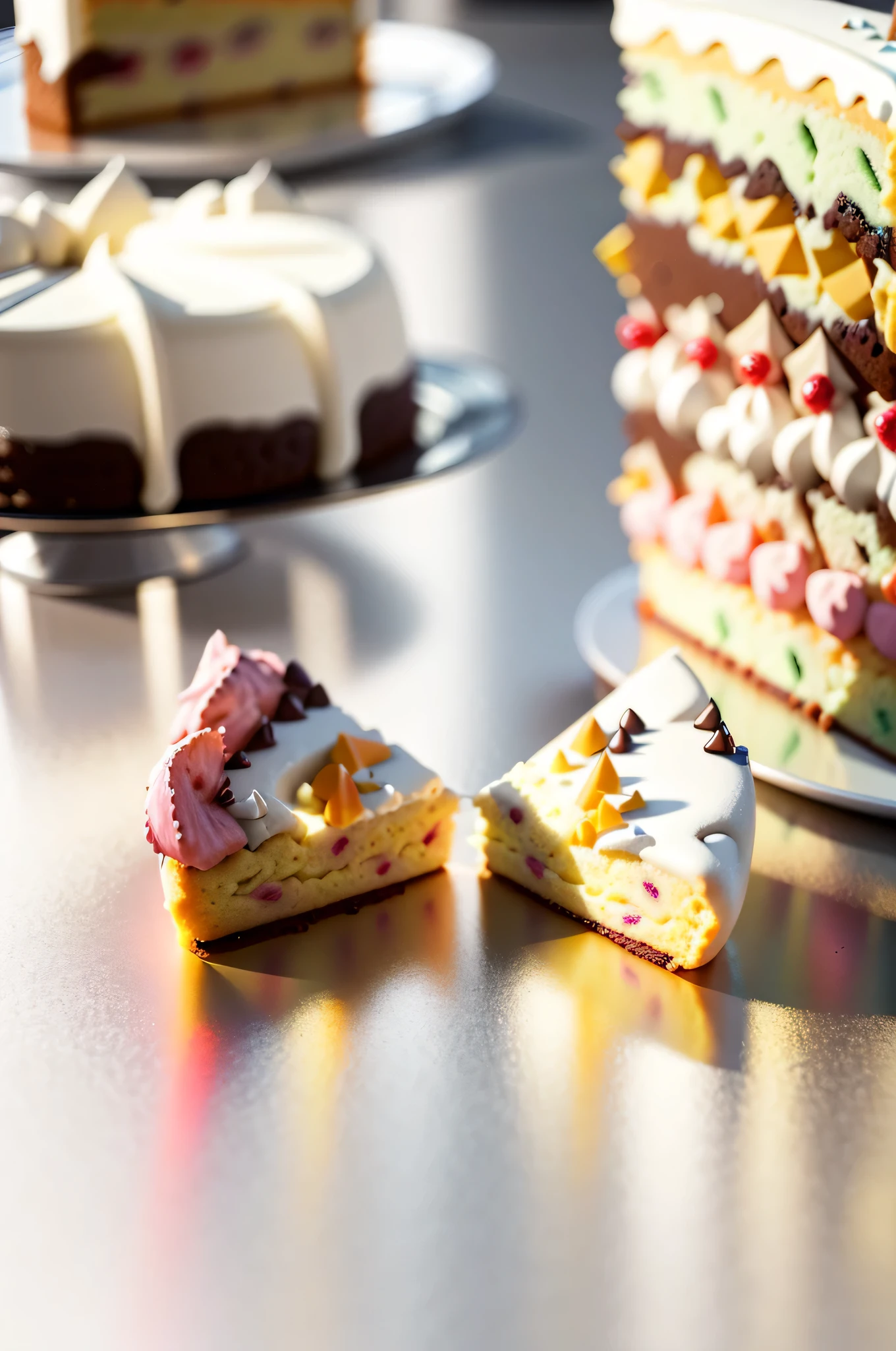 There  a cake and some desserts, Food advertising 4K, 3D epic illustrations,  Amazing food illustration, Inspired by Mike Winkelmann, Behance 3D Art Trends, Behance 3D Art Trends, Hyper-realistic food images, 3D style scene, Stylized 3D rendering,