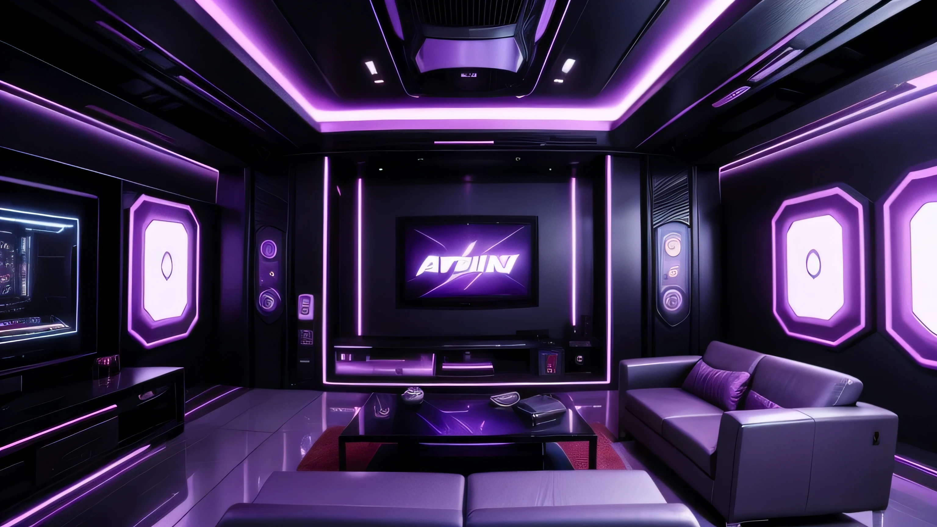 Dynamic angle, a view of a living room with a table, futuristic room, futuristic setting, gaming setup, futuristic decoration, futuristic looking living room, violet dystopian futurism, violet cyberpunk colors, futuristic but colorful shading, in style of beeple, beeple colors, futuristic aesthetic, futuristic art style, sci-fi aesthetics, inspired by Beeple