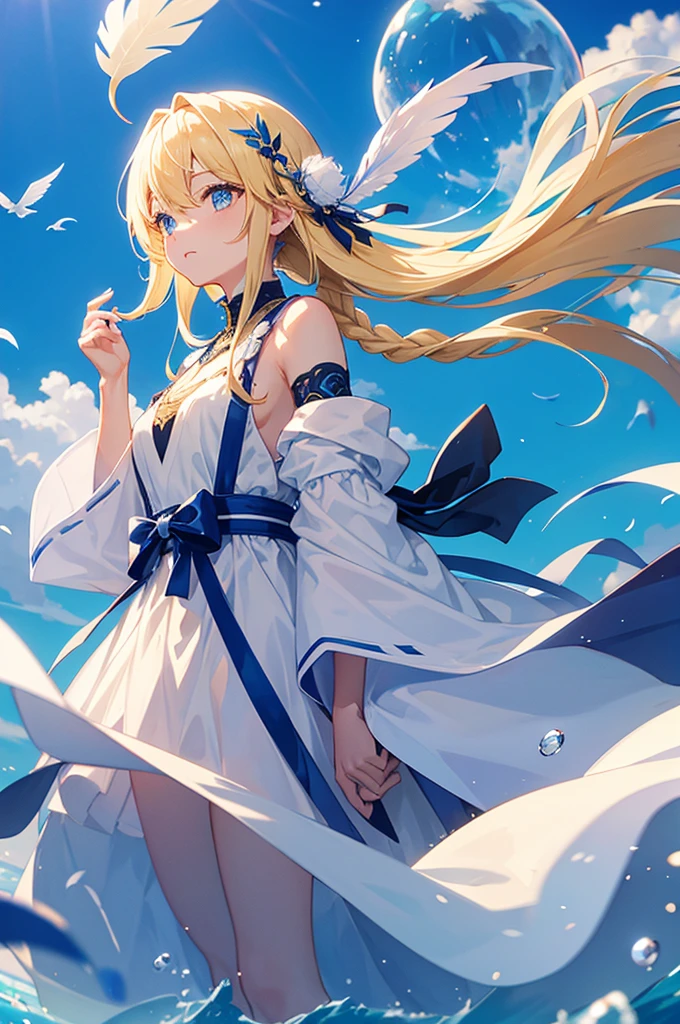 Blonde hair with light blue tips、Braid、straight face、whole body(fantasy、bluebird、Black feathers、white feather、beautiful scenery、Blue sky、water droplets、Grains of light、gem、balloon)