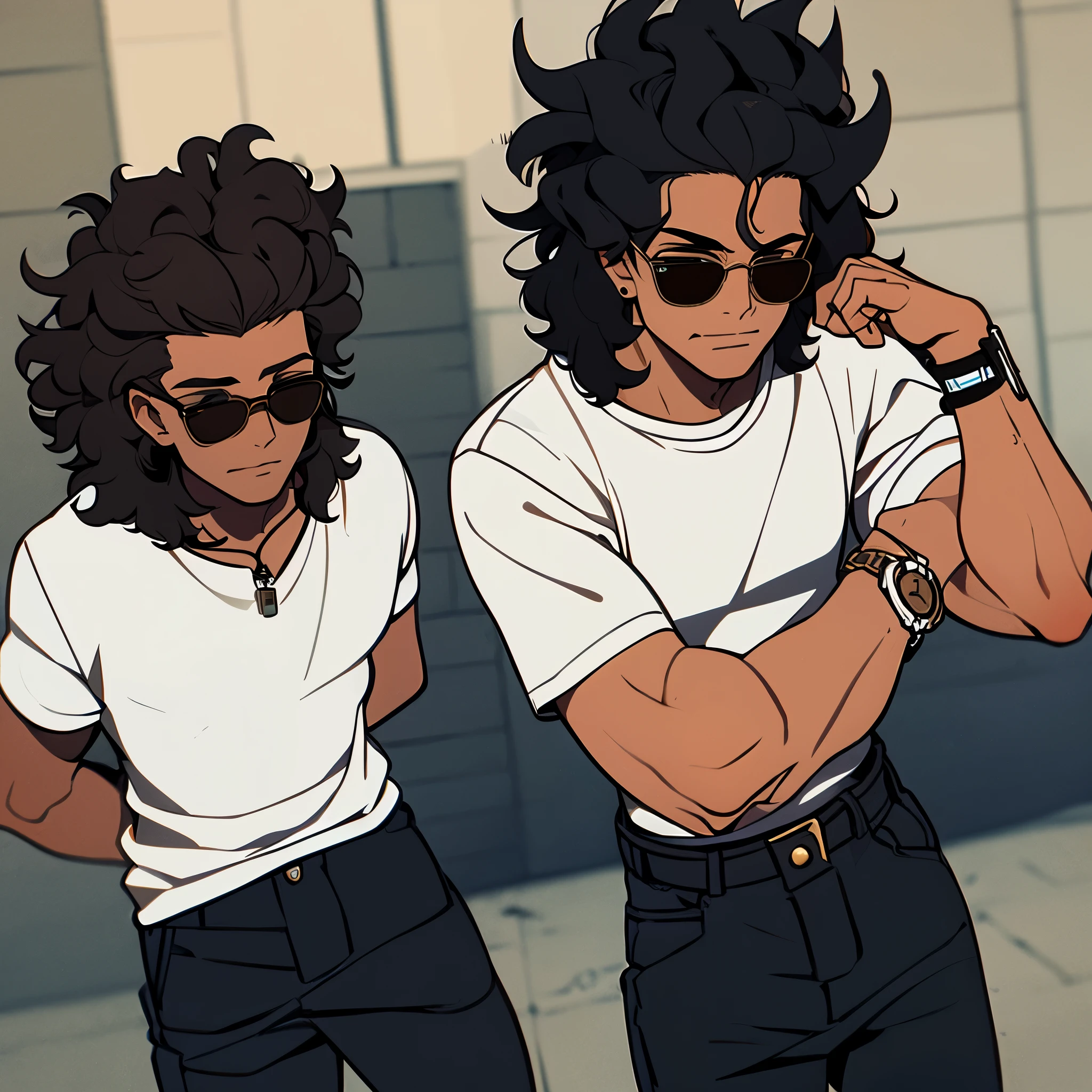 Jovem, pele morena,with a serious expression on his face, medium dark curly hair, usando regata, forte, olhos pretos, wearing a pair of sunglasses,with cargo pants, watch on left wrist, alta qualidade melhor qualidade 