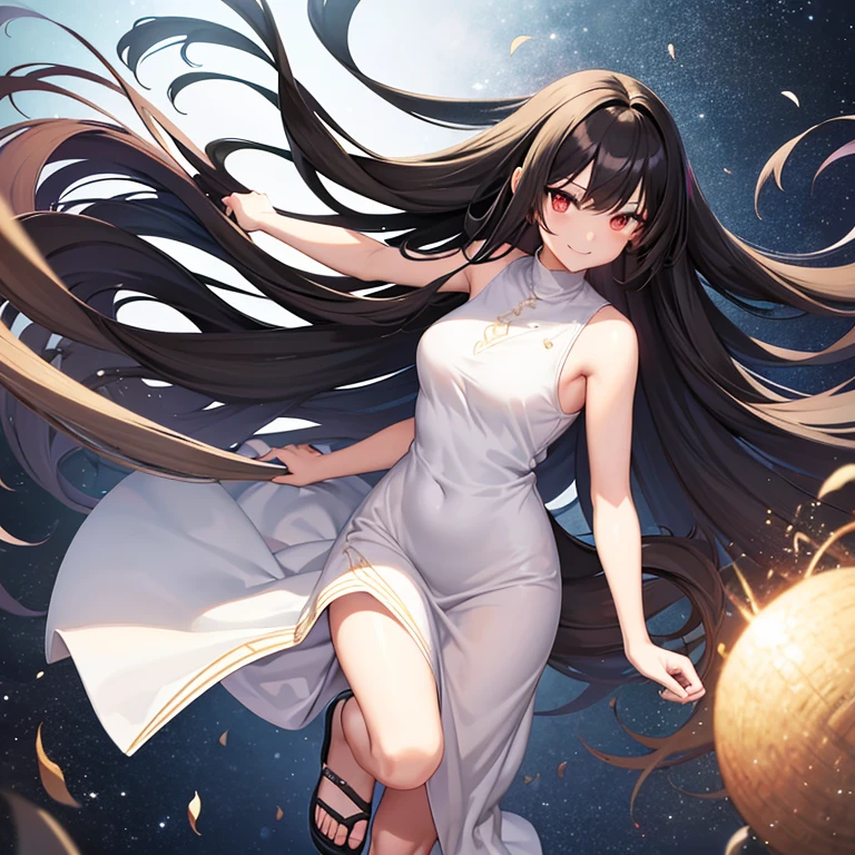 Full body anime-style illustration of a beautiful girl with straight long black hair wearing a sleeveless white dress and smiling innocently at me.