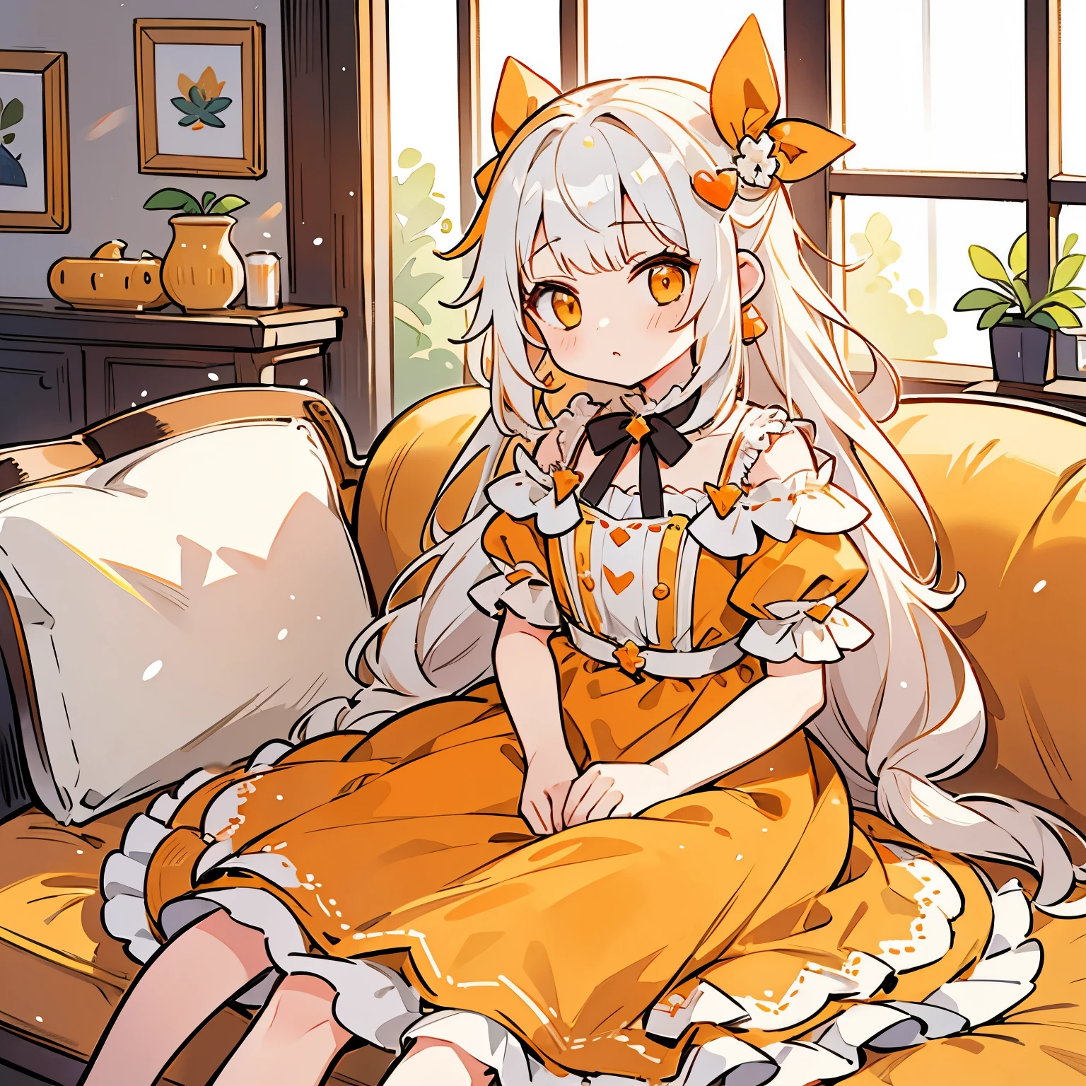 1 person、girl、long、Ribbon hair ornament、sitting on the sofa、looking at the camera、dress、color palette(yellow、white、orange)、Princess