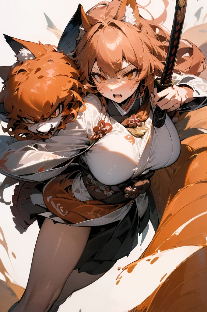 (((masterpiece))),(((bestquality))),((ultra-detailed)),(illustration),((anextremelydelicateandbeautiful)),dynamic angle, fox girl, kitsune, brown hair, fluffy tail, japanese screen background, splash art, miko outfit, holding a katana, angry expression
