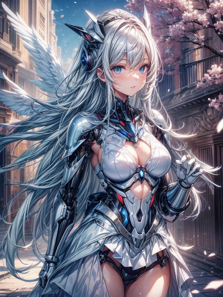 (delicate manga style:1.1), cool beauty, (one woman:1.0), (20-year-old:1.0), (small breasts:1.2), (magazine cover:1.thin air, Day, clear sky, fly outdoors, over european cities, (wide shot:1.0), (Depth of bounds written:1.1), (from the side: 0.7), (From above:1.0), Blake、(anime face:1.0), (clear blue eyes:1.0), (Cybernetic Genoid:1.1), (highly detailed mecha suit:1.3), (blue gothic cuirass:1.2), (long silver hair:1.0), (blue luxury wizard dress skirt:1.3), (decorative embroidery:1.0), (angel wings:1.1), smile, close your mouth