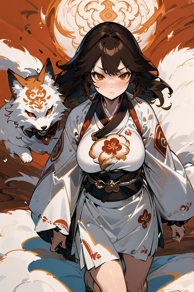 (((masterpiece))),(((bestquality))),((ultra-detailed)),(illustration),((anextremelydelicateandbeautiful)),dynamic angle, fox girl, kitsune, brown hair, fluffy tail, japanese screen background, splash art, miko outfit, holding a katana, angry expression