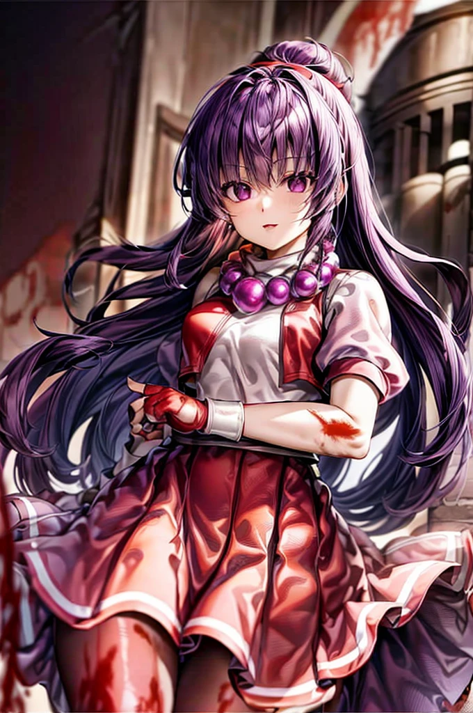 (masterpiece)、(highest quality)、(super detailed)、intricate details、athena 97、(1 girl)、solo、purple eyes、purple hair、hair length、white earrings、red hair band、star hair ornament、Medium breathing、red vest、white turtleneck、White Puff Sleeves、short sleeve、red pleated skirt、(Crimson pantyhose:1.2)、black pantyhose、yellow belt、purple spherical necklace、red fingerless gloves、white short socks、red shoes、evil smile、NSFW、cowboy shot rally background、anime style、(Blood on the face:1.4)、(combat readiness:1.6)、hypnorolla、
empty eyes