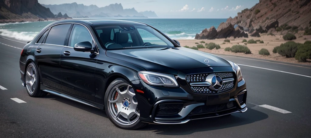 dark ocean blue color luxury sedan pursuit, spinning wheels, mercedes benz/maybach style alloy wheels, toyota century porsche, urban mercedes benz/maybach style alloy wheels