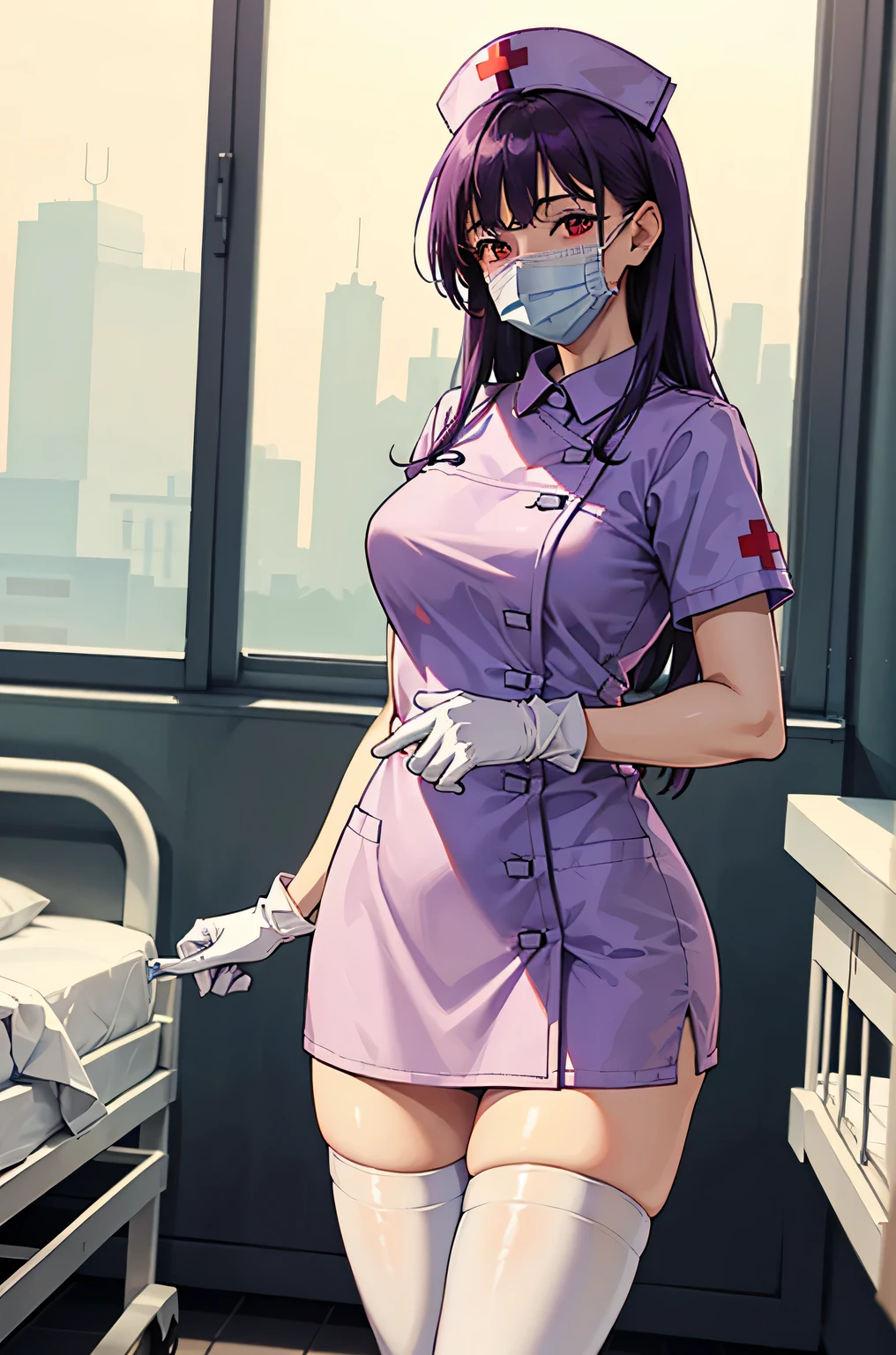 1woman, solo, nurse, white nurse cap, white nurse uniform, ((white legwear, zettai ryouiki)), white gloves, long hair, purple hair, red eyes, ((white surgical mask, covered nose)), standing, ((hospital room)), sharp outline, short sleeves, mature female, 35 years old, best quality, masterpiece