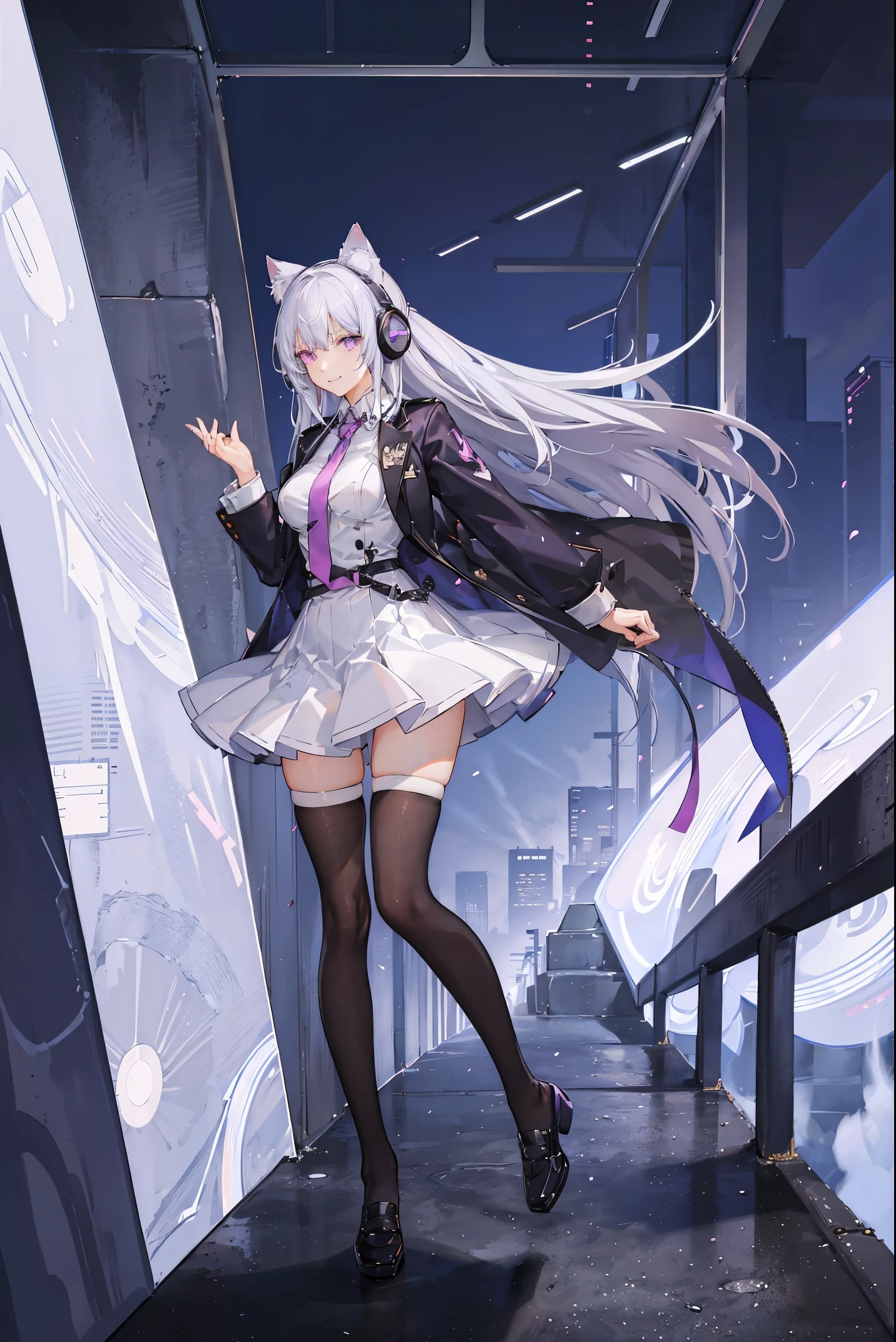 "anime girl, 1 person, silver white hair tied on both sides, light pink purple eyes, wearing cat ear headphones, female shirt, female school uniform, tie, black miniskirt, big breasts, smiling, tights,  standing cross-legged, side view, solo(full HD 4K+ image)"