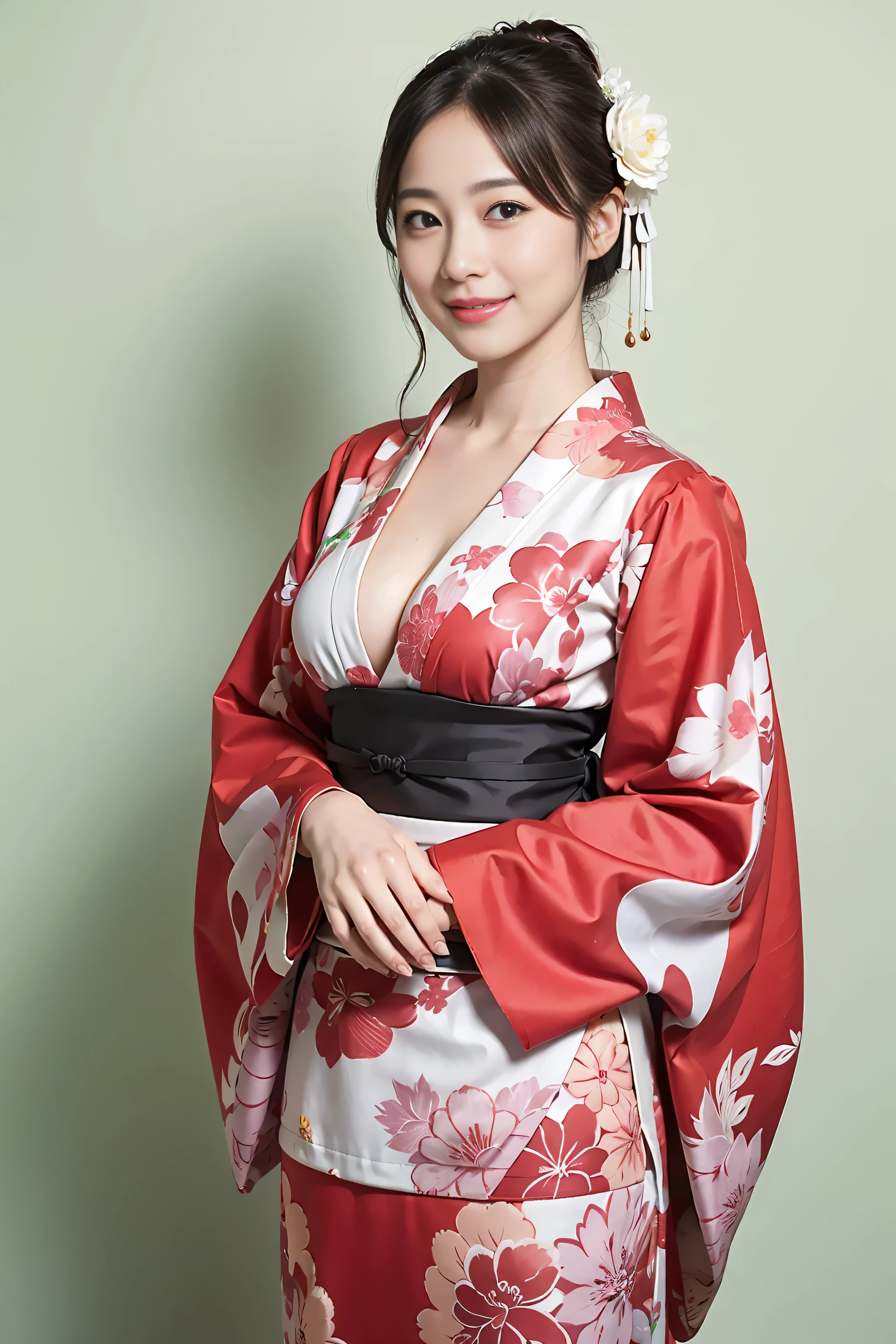 ((highest quality、masterpiece、realistic:1.4、In 8K))、美しい日本people々々woman１people々々、２5 years old、Best Beautiful Breasts　kimono open　I can see your breasts　smile