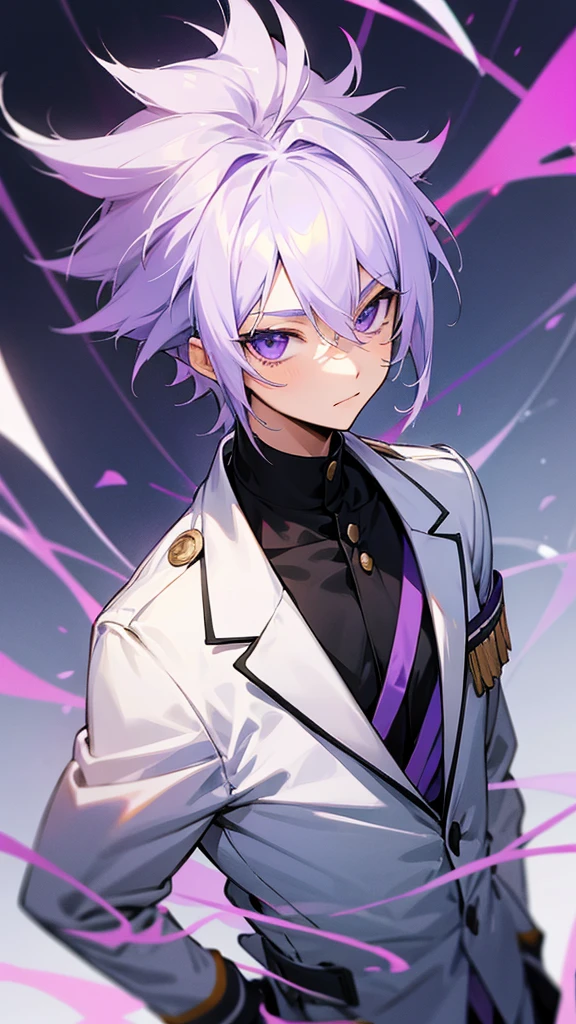 Anime boy with purple and white hair in modern school uniform staring