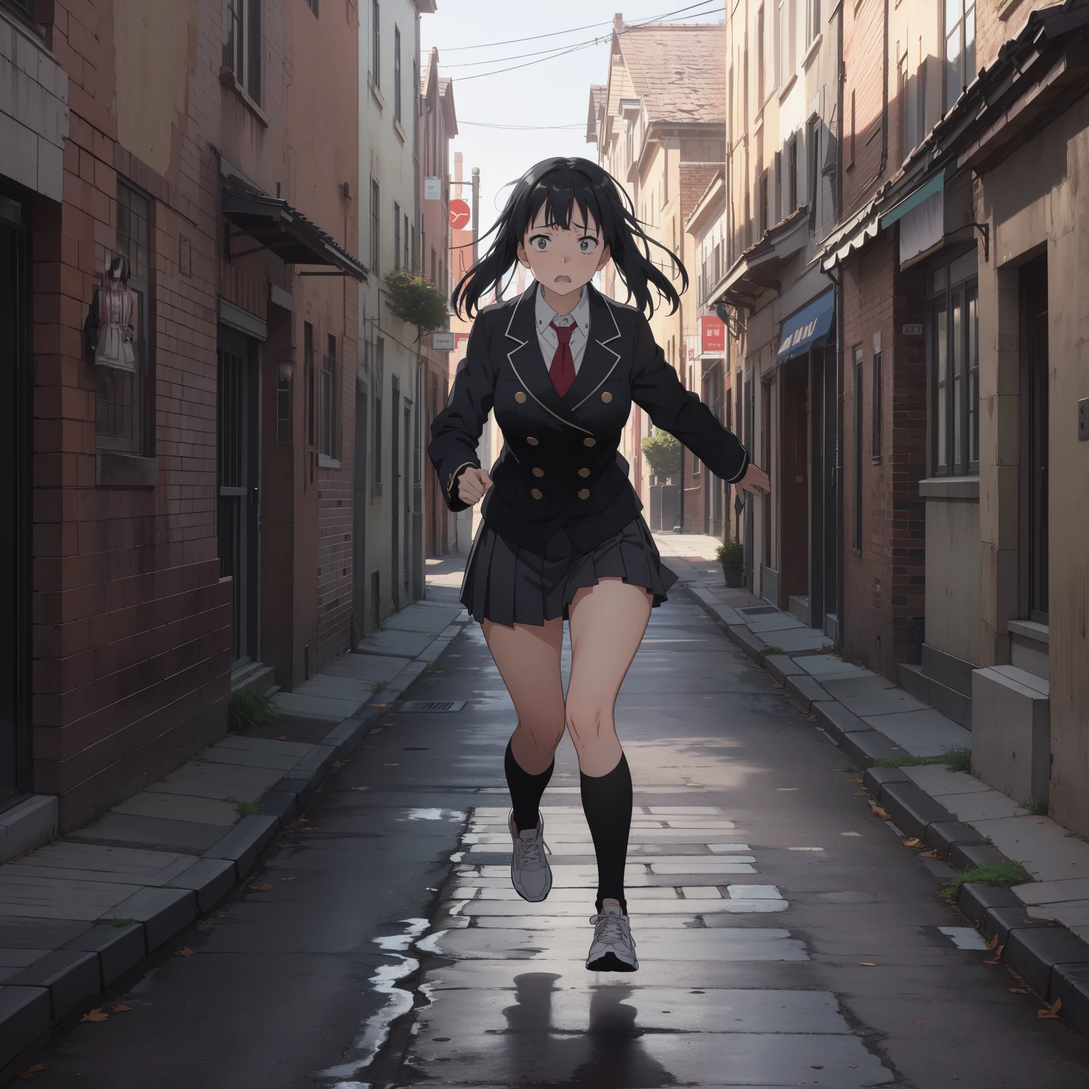 (Beautiful posture), 1Girl,slim, thin, ((black short skirt with pleats)),(((short double-breasted jacket))), (black very short jacket),(fitted clothing) ,a white blouse, (red tie short) , long bangs on face, (straight black hair to waist),gray eyes with a hint of purple, knee-deep portrait, sad, It&#39;s a nasty day, stands in the castle, ((emotion fear)) , (((running down the street:1.4))) 