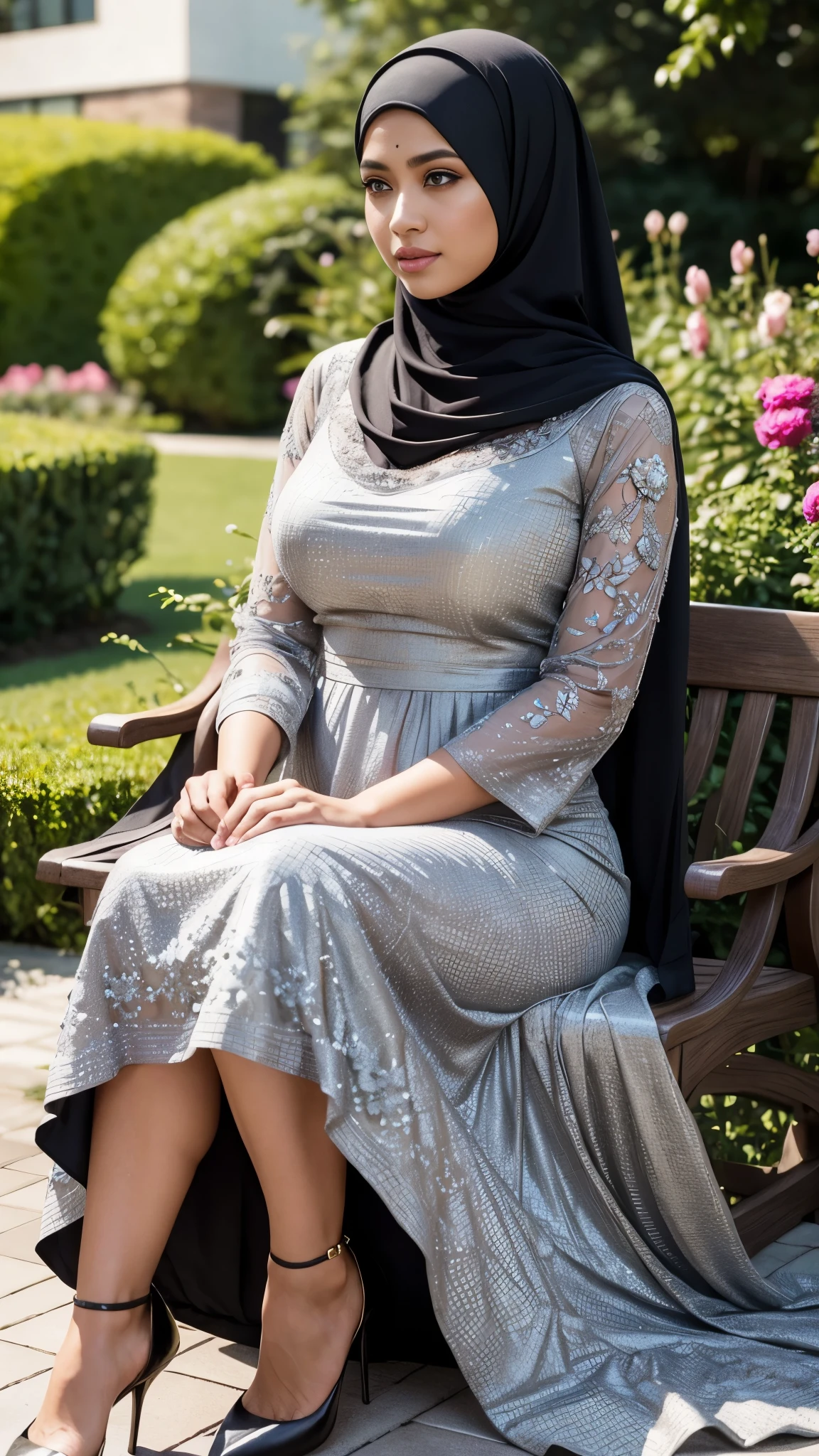 RAW, Best quality, high resolution, Masterpiece: 1.3), Beautiful Malay woman in hijab, Masterpiece, Fit Body, Big Breasts, Beautiful Big Eyes, Soft Smile, Detailed Face, Beautiful Face, Thick Thighs, Woman in Gray Dress and black shoes sitting in the flower garden, simple flowing dress, fully covered dress, long dress, women's long dress, flowing dress, intricate detailed dress, wearing a flowing dress, wearing a long dress, sophisticated dress, , detailed dress, monochrome, wearing an elegant dress, Good lighting , Bright colors, Clean lines