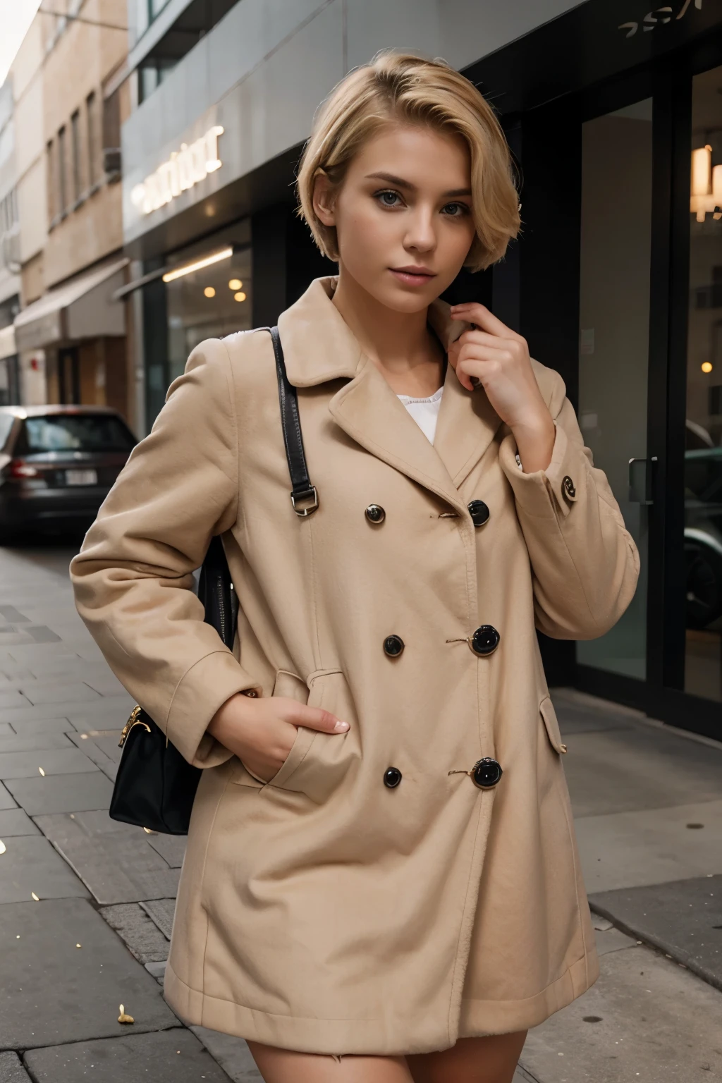 self confident young woman with short blond hair in high heels and coat showing off