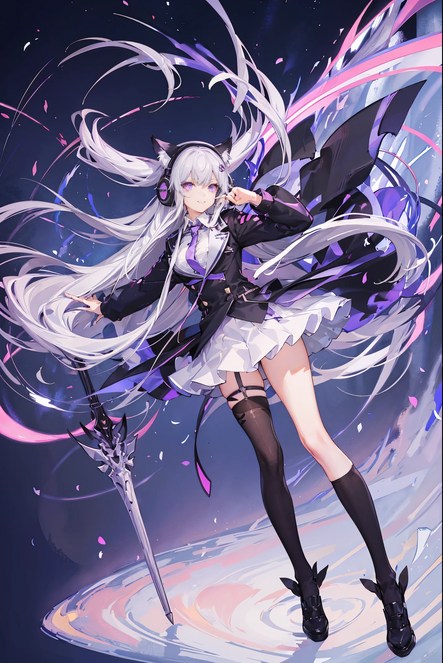 "anime girl, 1 person, silver white hair tied on both sides, light pink purple eyes, wearing cat ear headphones, female shirt, female school uniform, tie, black miniskirt, big breasts, smiling, tights, standing cross-legged, side view, solo(full HD 4K+ image)"