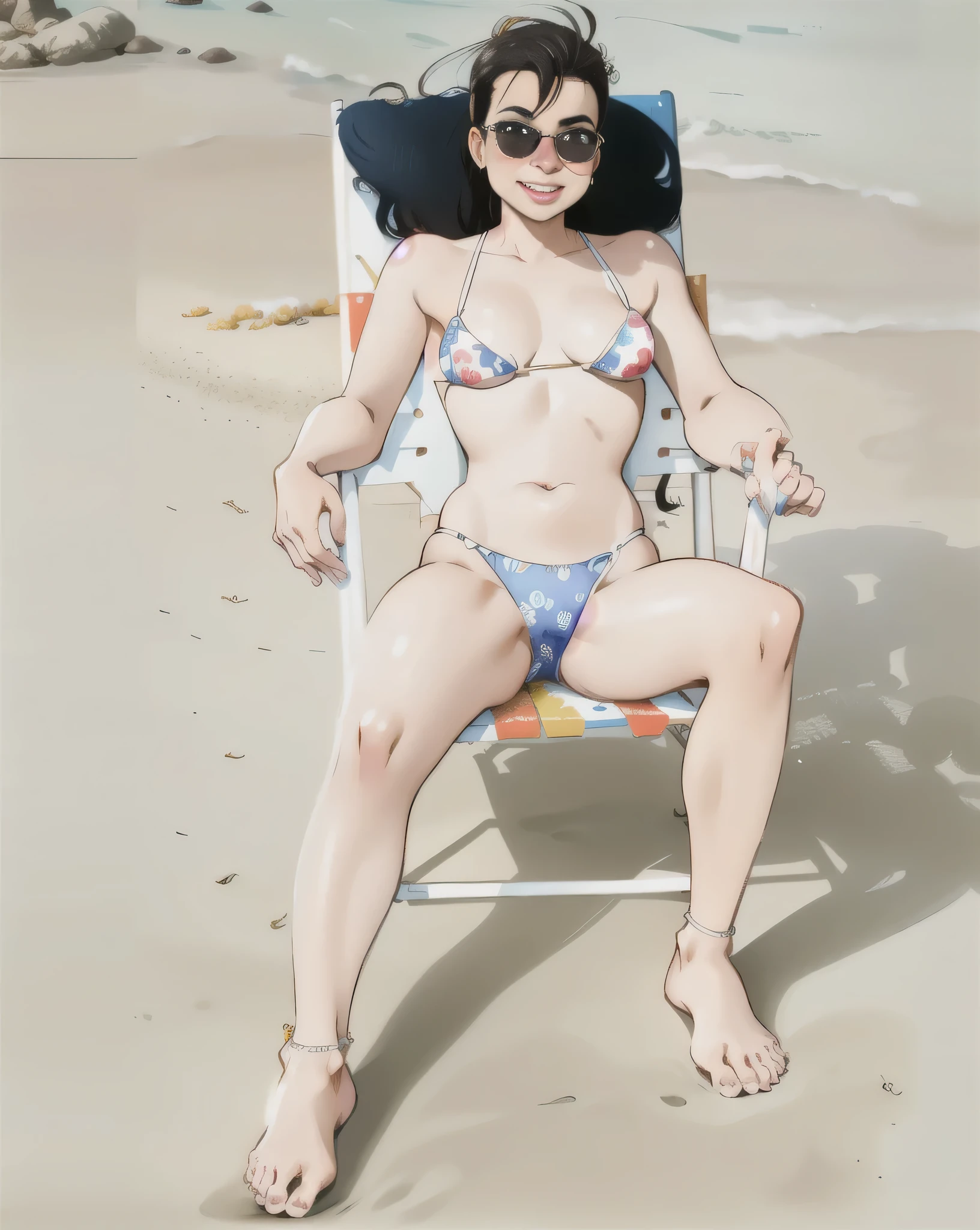 woman brasileira, in bikini sitting in a chair on the beach, 30 anos, na praia, em uma praia, in bikini, full body shot in bikini, posando na praia, in bikini, na praia, wearing a bikini, em uma praia ensolarada, sentada na praia, alta qualidade, high resolution, obra prima, 8k.