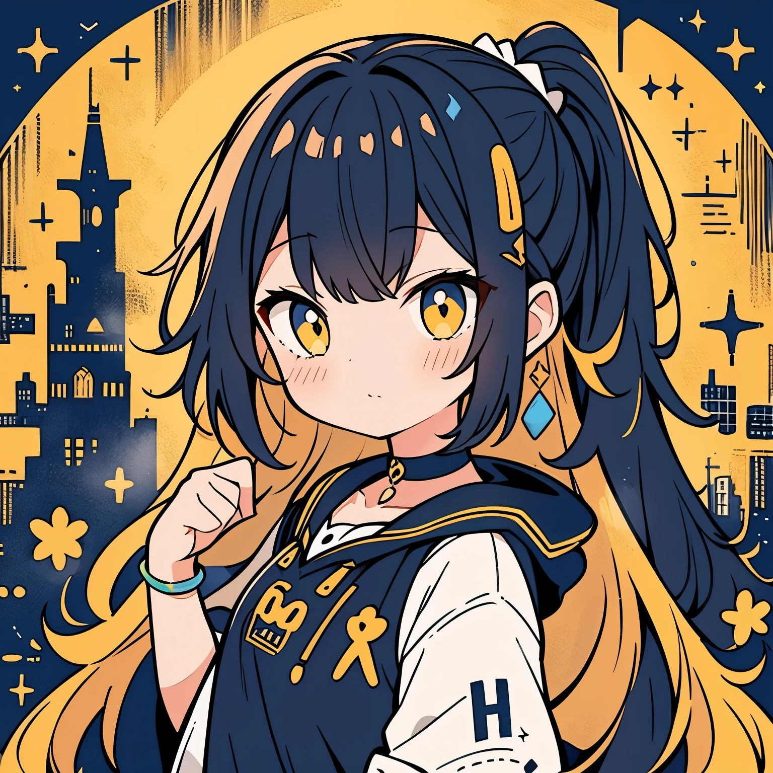 girl、cute、black hair、choker、color palette(yellow、white)