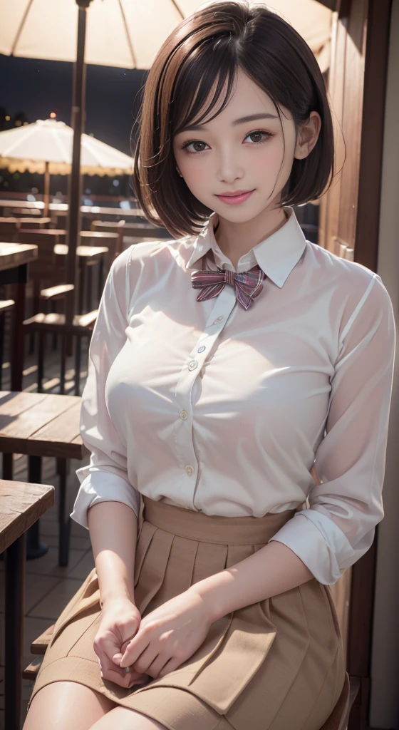 (8K, highest quality, masterpiece:1.2), (software:1.3), (realistic, photo-realistic:1.37), super detailed, 1 girl,cute, alone,beautiful and detailed sky,Detailed cafe,night,sitting,date,(blush your nose),(smile:1.1),(closed mouth) medium breasts,beautiful and fine eyes,(collared shirt:1.1), bow tie,pleated skirt,(short hair:1.2),floating hair