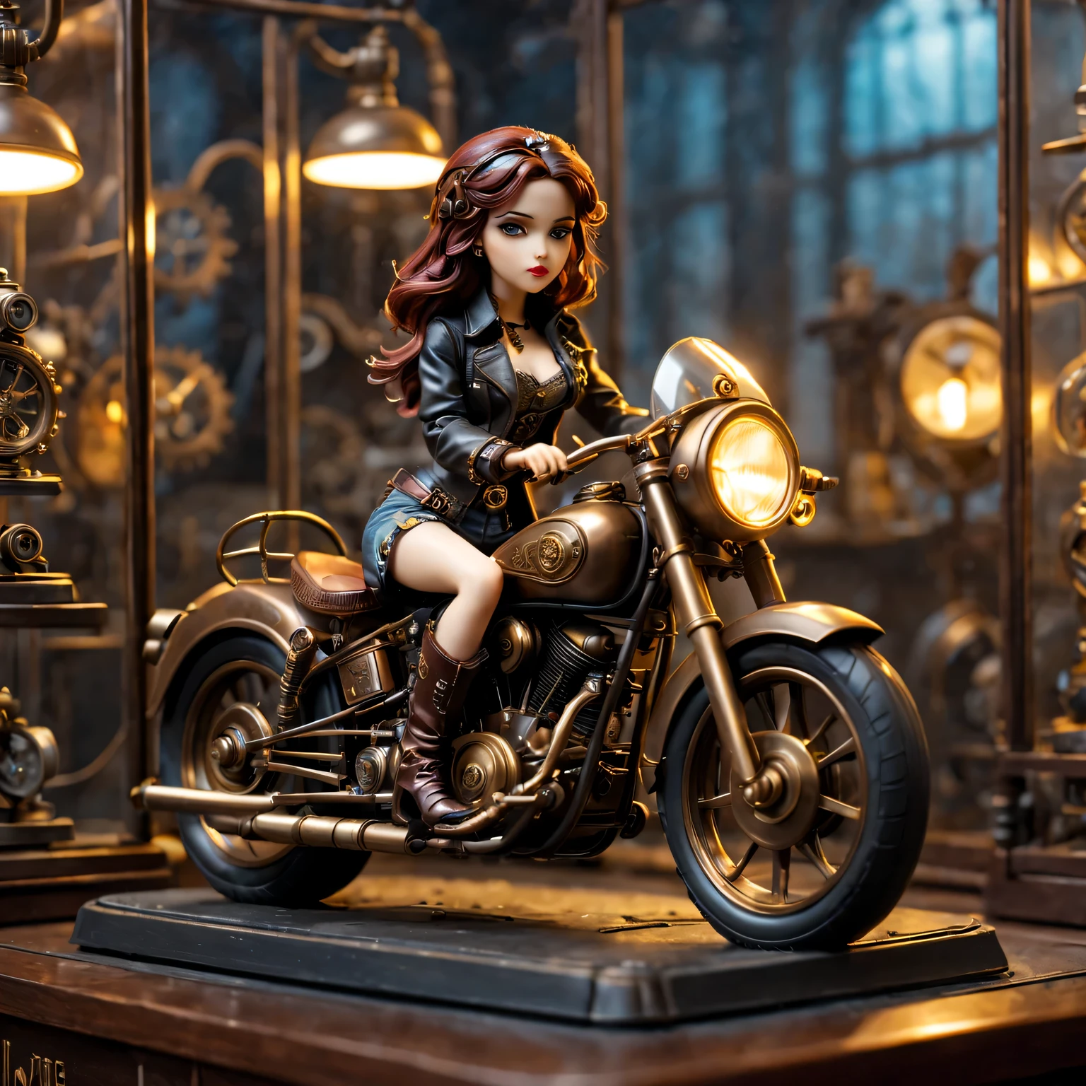  in glass display case，American retro miniature toy desktop, Steampunk style girl,toy motorcycle, movie lighting, Pixar, anime style,best quality,super detailed,