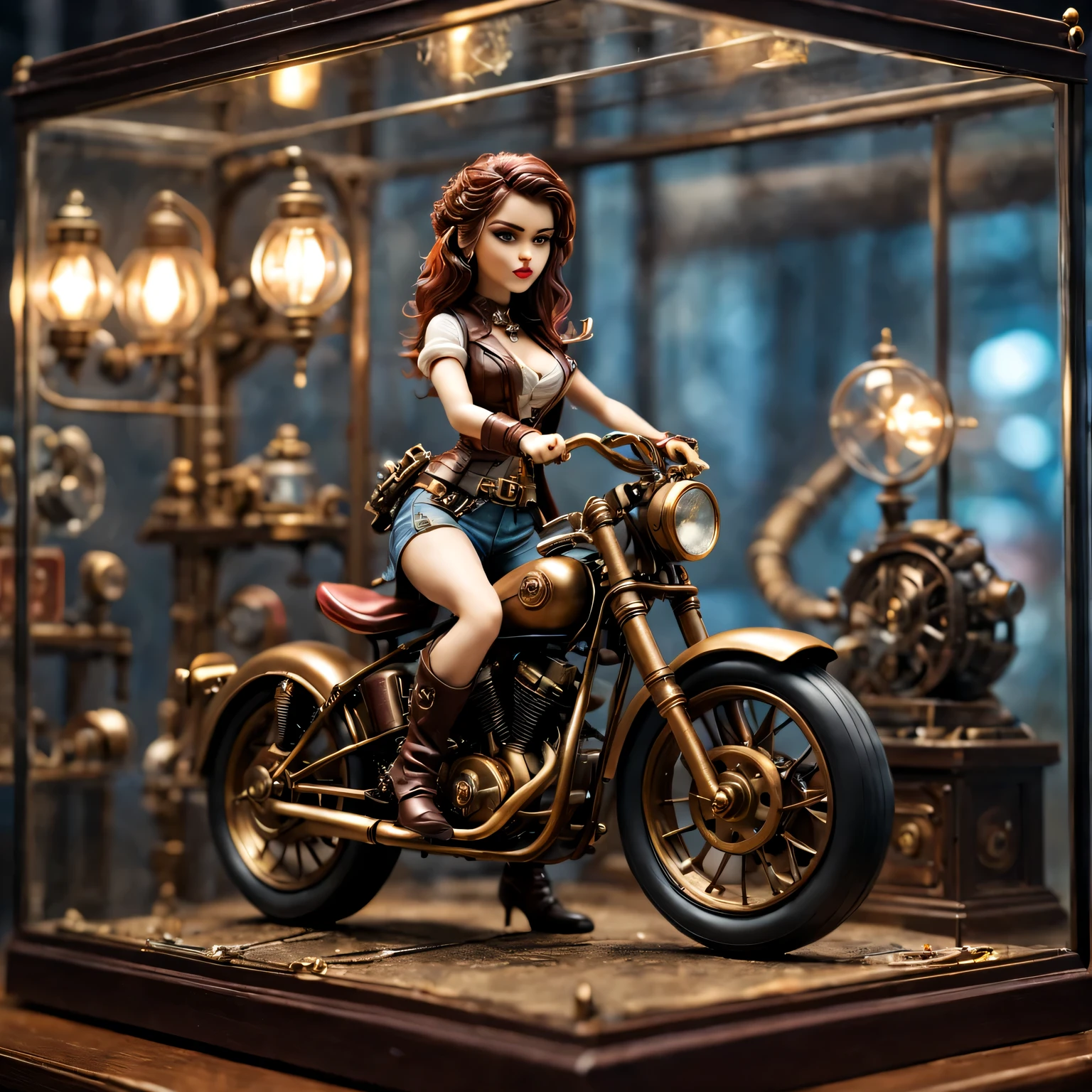 American retro miniature toy desktop, Steampunk style girl, Toy motorcycle in the glass showcase, best quality, movie lighting, Awards, ultra high definition, high quality , Pixar, anime style,anime style,