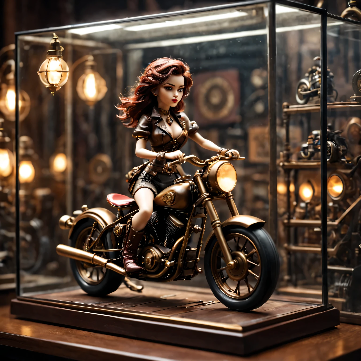 American retro miniature toy desktop, Steampunk style girl, Toy motorcycle in the glass showcase, best quality, movie lighting, Awards, ultra high definition, high quality , Pixar, anime style,anime style,