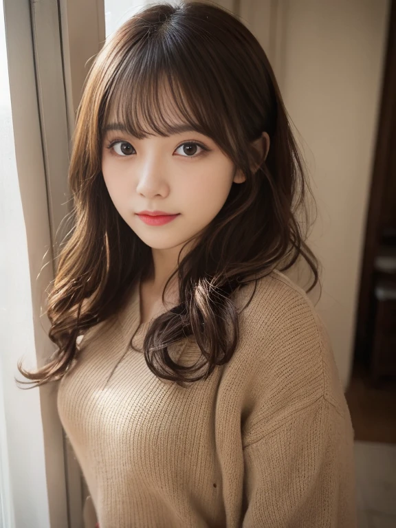debris flies, highest quality, shape, Super detailed, small details, High resolution, 8K Dende Wallpaper, 完璧なダイナミックな構shape, beautiful and detailed eyes, Winter clothes,medium hair,natural color lip, Home front door(curly)、20 year old girl、cute type、Please show your face to the camera,face of ecstasy,blur background,KPOP idol face,cute type,Shoot from a little above,look up,anatomically correct body