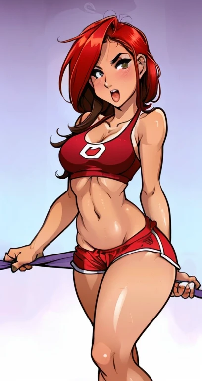 a woman in a Vermelho bikini top and shorts posing for a picture, sports bra and shorts, sutiã e shorts streetwear, two piece workout clothes, Vermelho bikini, , Vermelho, wearing two - piece roupa de banho, Vermelho hot, ajustar, o extremamente quente e sexy, estilo sexy, sexy , sexy outajustar, , sling bikini, roupa de banho
